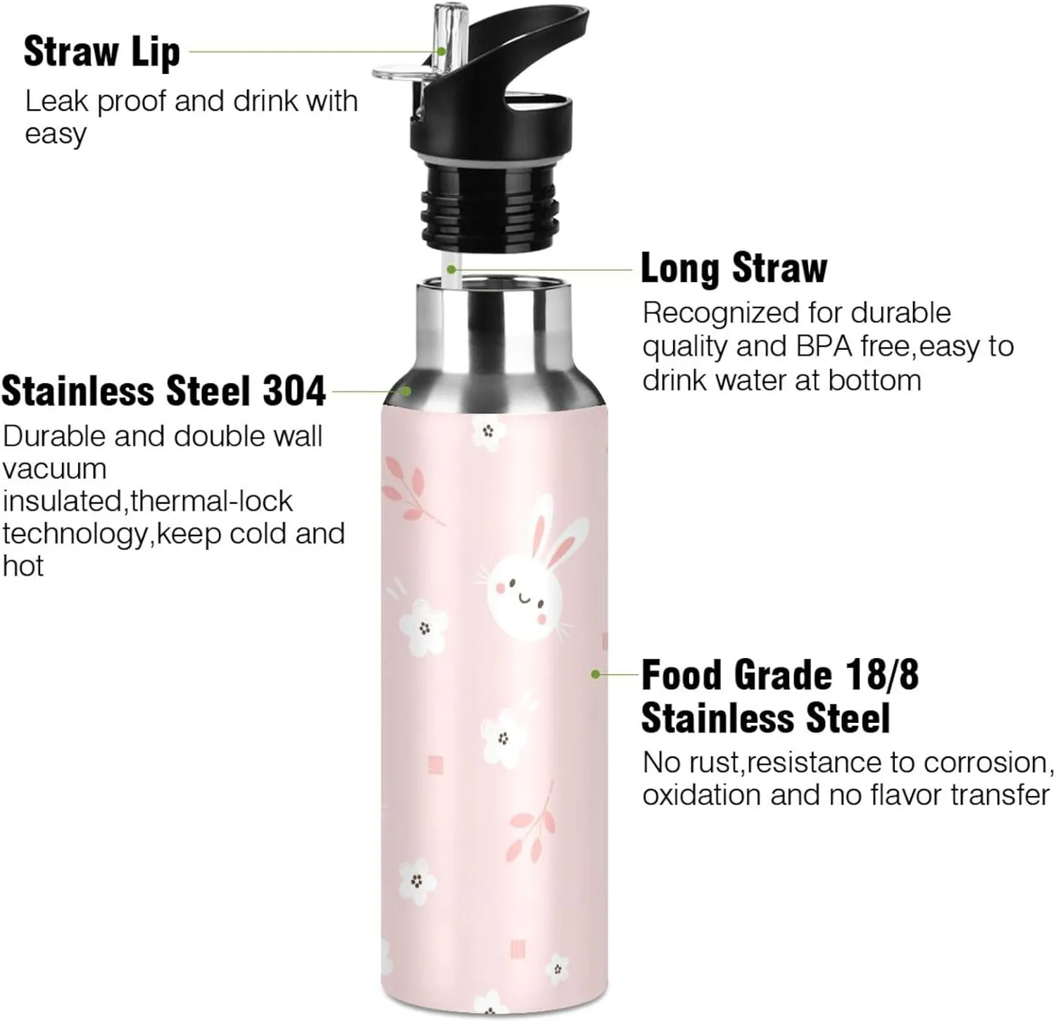 Aslsiy 32oz Sports Water Bottle White Bunny Rabbit Insulated Water Bottle Flower Pink Stainless Steel Gym Bottle Metal Water Flask Thermos