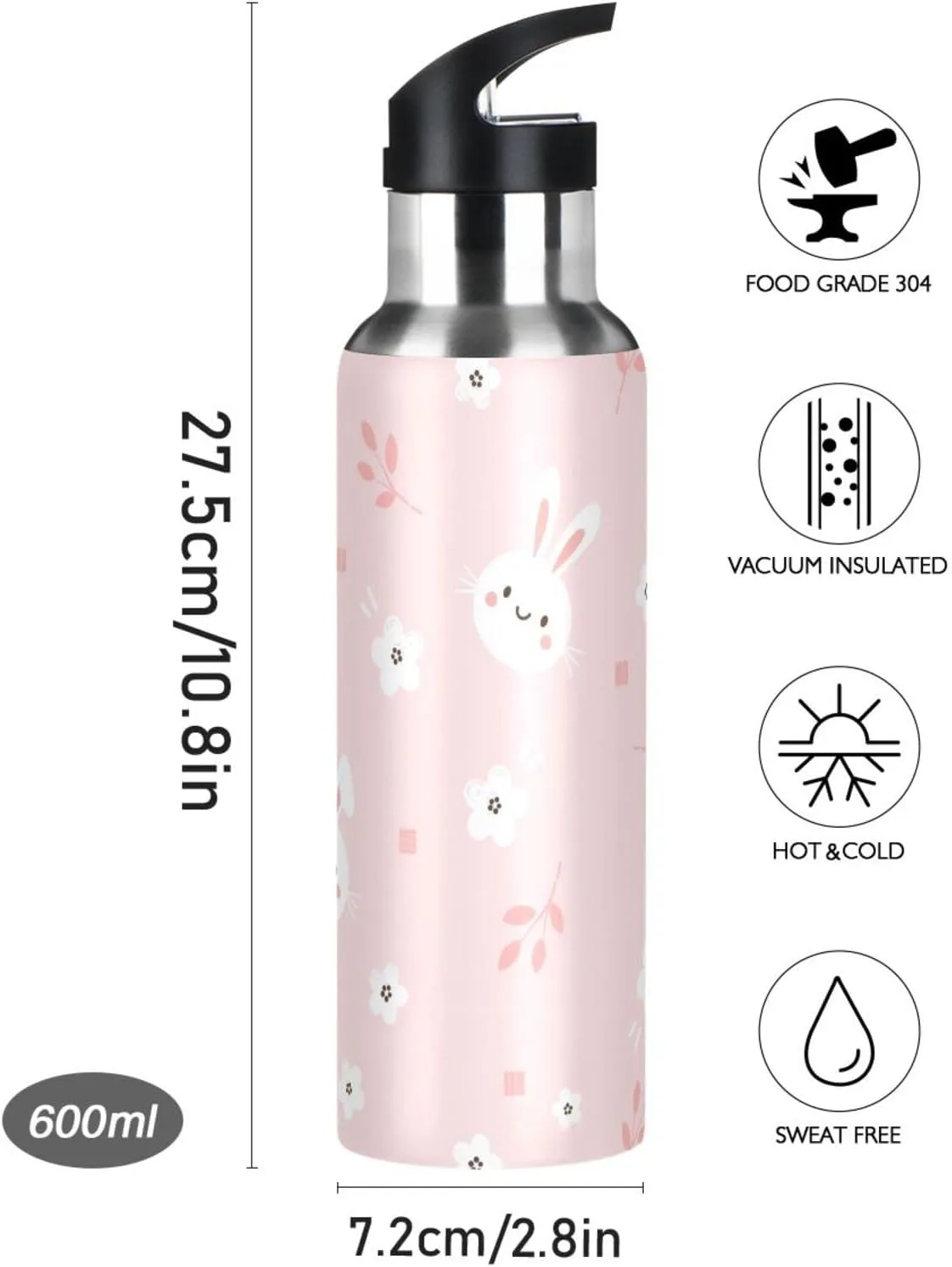 Aslsiy 32oz Sports Water Bottle White Bunny Rabbit Insulated Water Bottle Flower Pink Stainless Steel Gym Bottle Metal Water Flask Thermos
