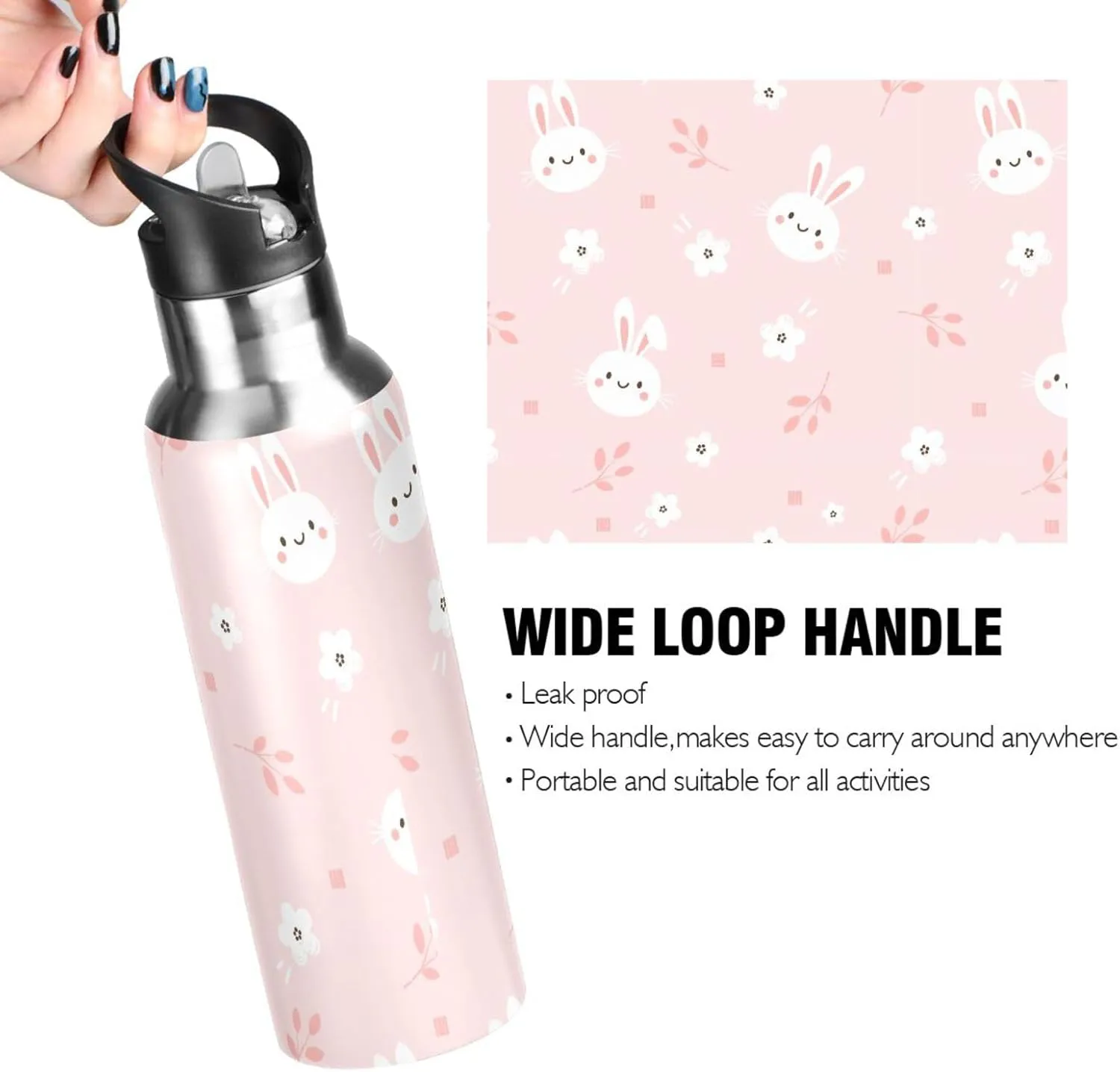 Aslsiy 32oz Sports Water Bottle White Bunny Rabbit Insulated Water Bottle Flower Pink Stainless Steel Gym Bottle Metal Water Flask Thermos