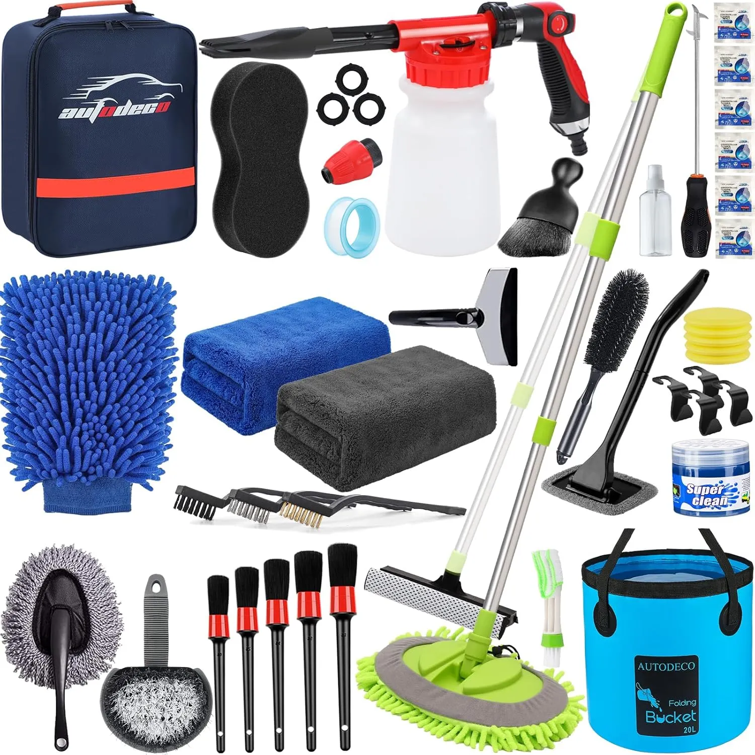 AUTODECO 42Pcs Car Wash Detailing Kit Cleaning Kits with Foam Gun Sprayer Wash Brush with Long Handle Collapsible Bucket Large Wash Mitt Towels Complete Interior Exterior Car Washing Supply Set Blue