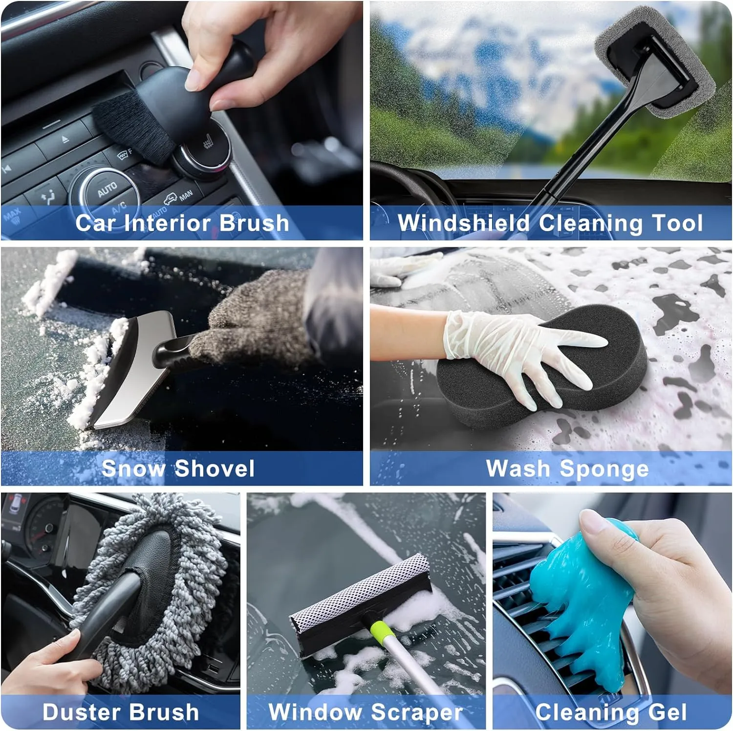 AUTODECO 42Pcs Car Wash Detailing Kit Cleaning Kits with Foam Gun Sprayer Wash Brush with Long Handle Collapsible Bucket Large Wash Mitt Towels Complete Interior Exterior Car Washing Supply Set Blue