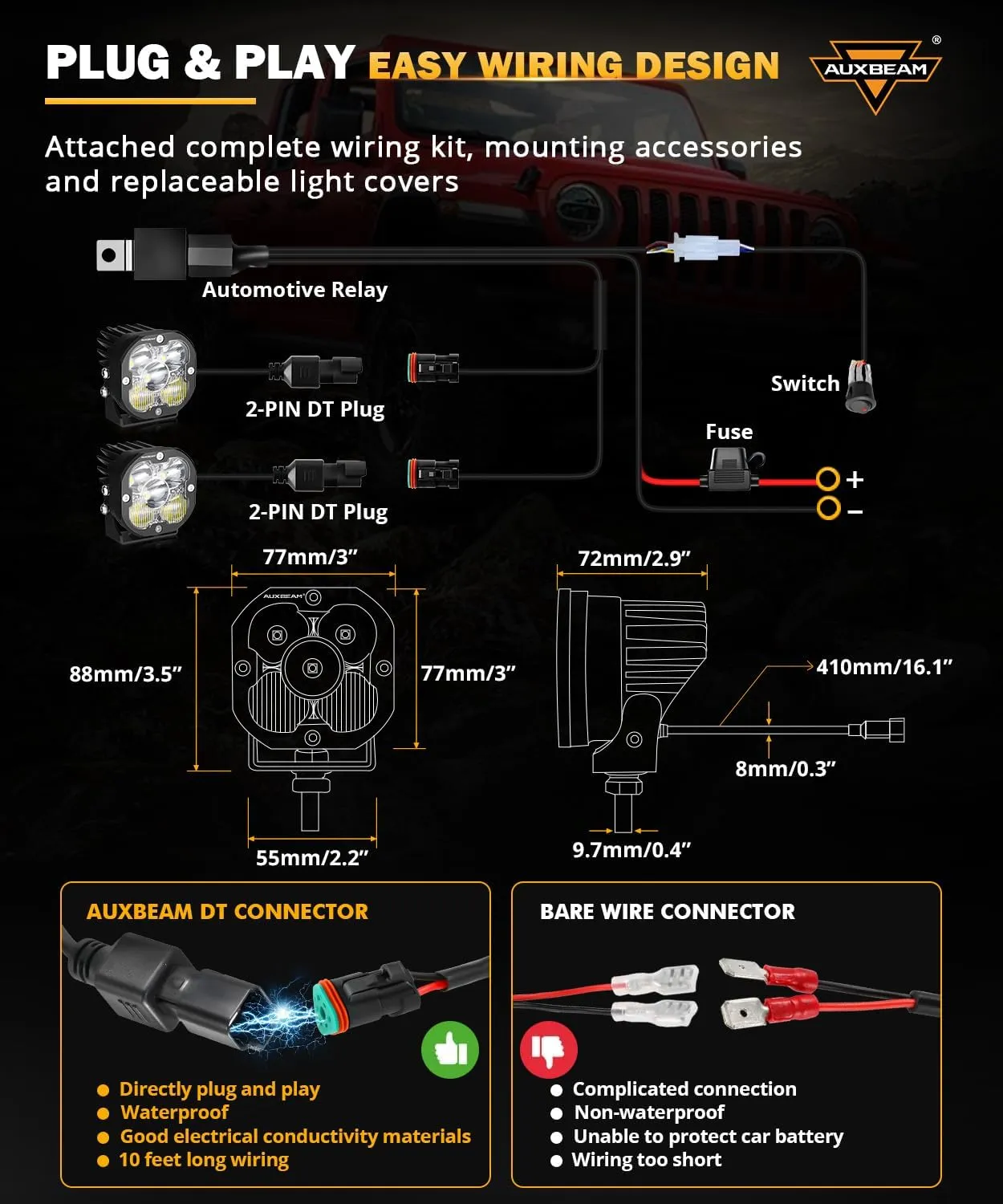 Auxbeam XP-Ultra Series 3Inch 80W Spot Flood Combo Ditch Lights, 9600LM Far & Wide Off Road Light Bar Amber White Cube Lights, LED Pod Lights Offroad Driving Auxiliary Fog Lights with Covers, Pair