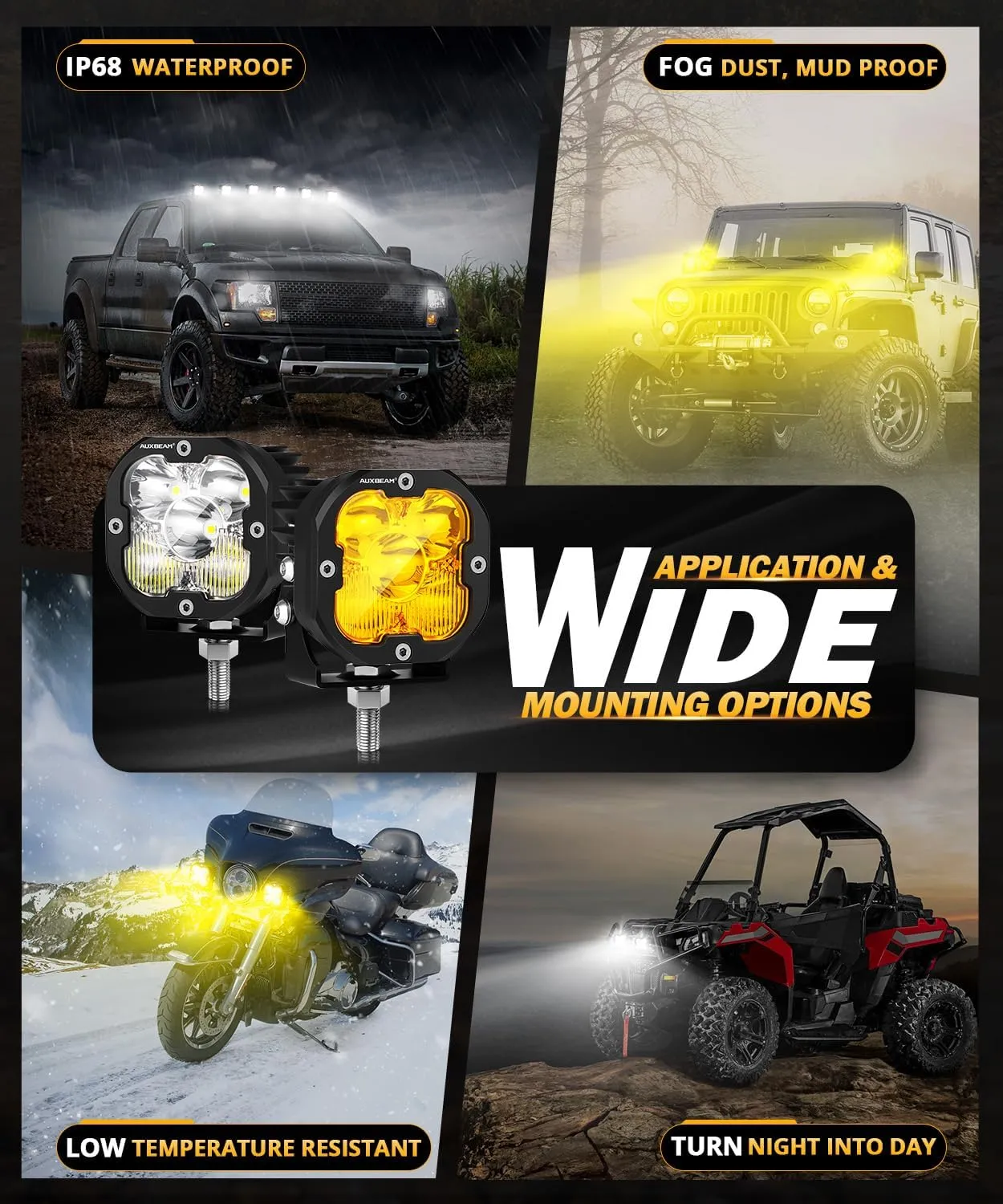 Auxbeam XP-Ultra Series 3Inch 80W Spot Flood Combo Ditch Lights, 9600LM Far & Wide Off Road Light Bar Amber White Cube Lights, LED Pod Lights Offroad Driving Auxiliary Fog Lights with Covers, Pair