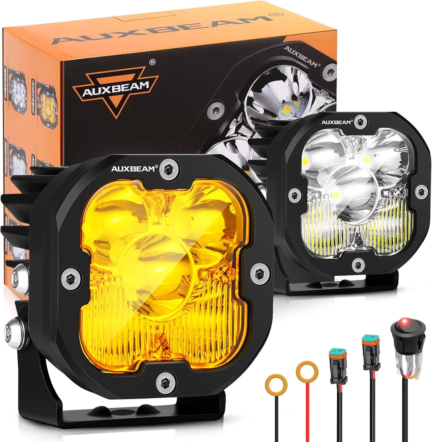 Auxbeam XP-Ultra Series 3Inch 80W Spot Flood Combo Ditch Lights, 9600LM Far & Wide Off Road Light Bar Amber White Cube Lights, LED Pod Lights Offroad Driving Auxiliary Fog Lights with Covers, Pair