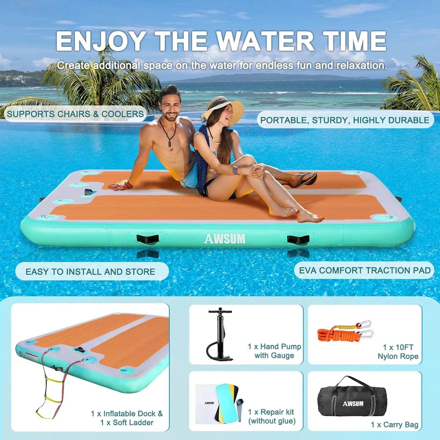 AWSUM Inflatable Floating Dock, 8ft/10ft Non-Slip EVA Wood Surface Inflatable Swim Platform Dock for Lake, Inflatable Water Mat Floating Island Raft for Pool Beach Ocean