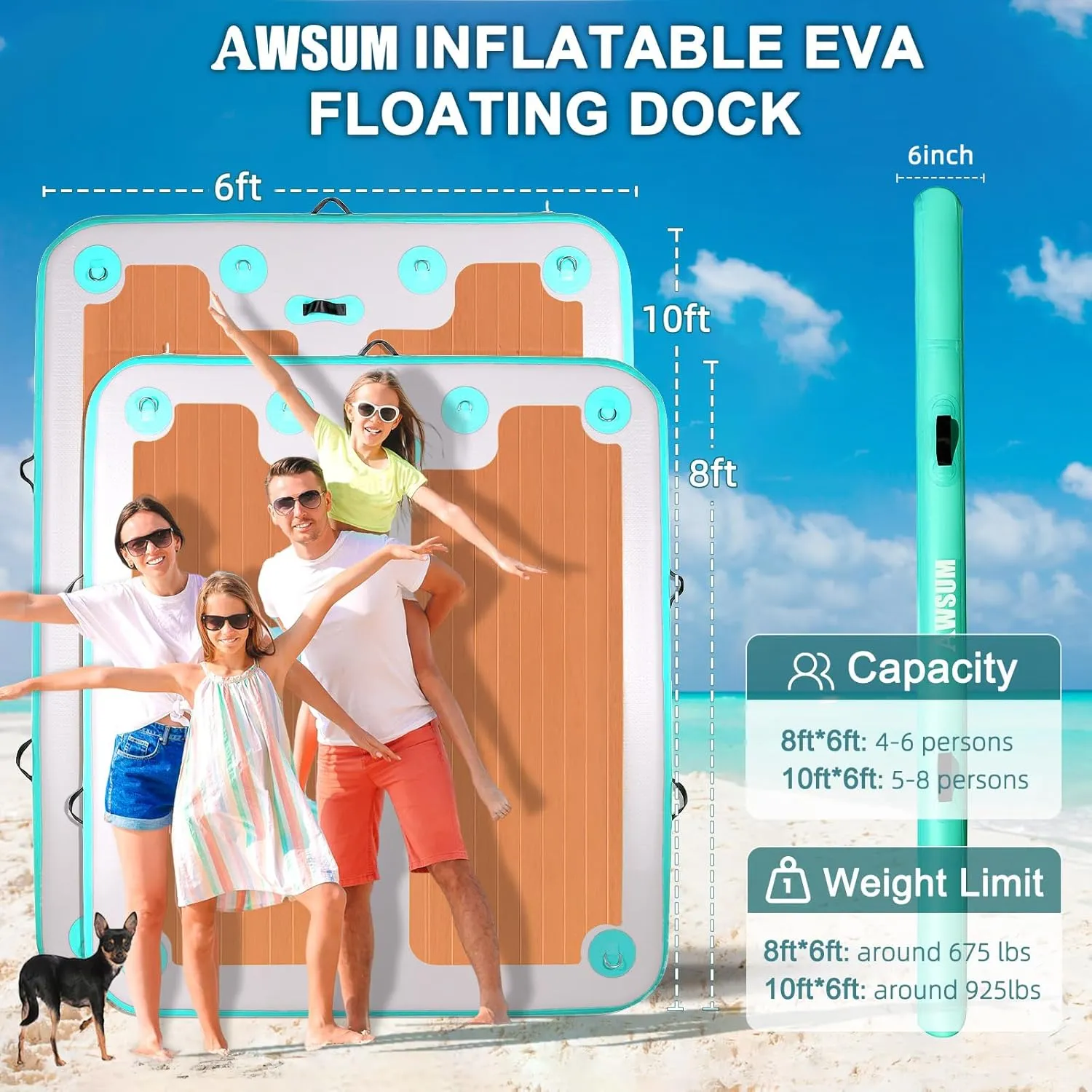 AWSUM Inflatable Floating Dock, 8ft/10ft Non-Slip EVA Wood Surface Inflatable Swim Platform Dock for Lake, Inflatable Water Mat Floating Island Raft for Pool Beach Ocean
