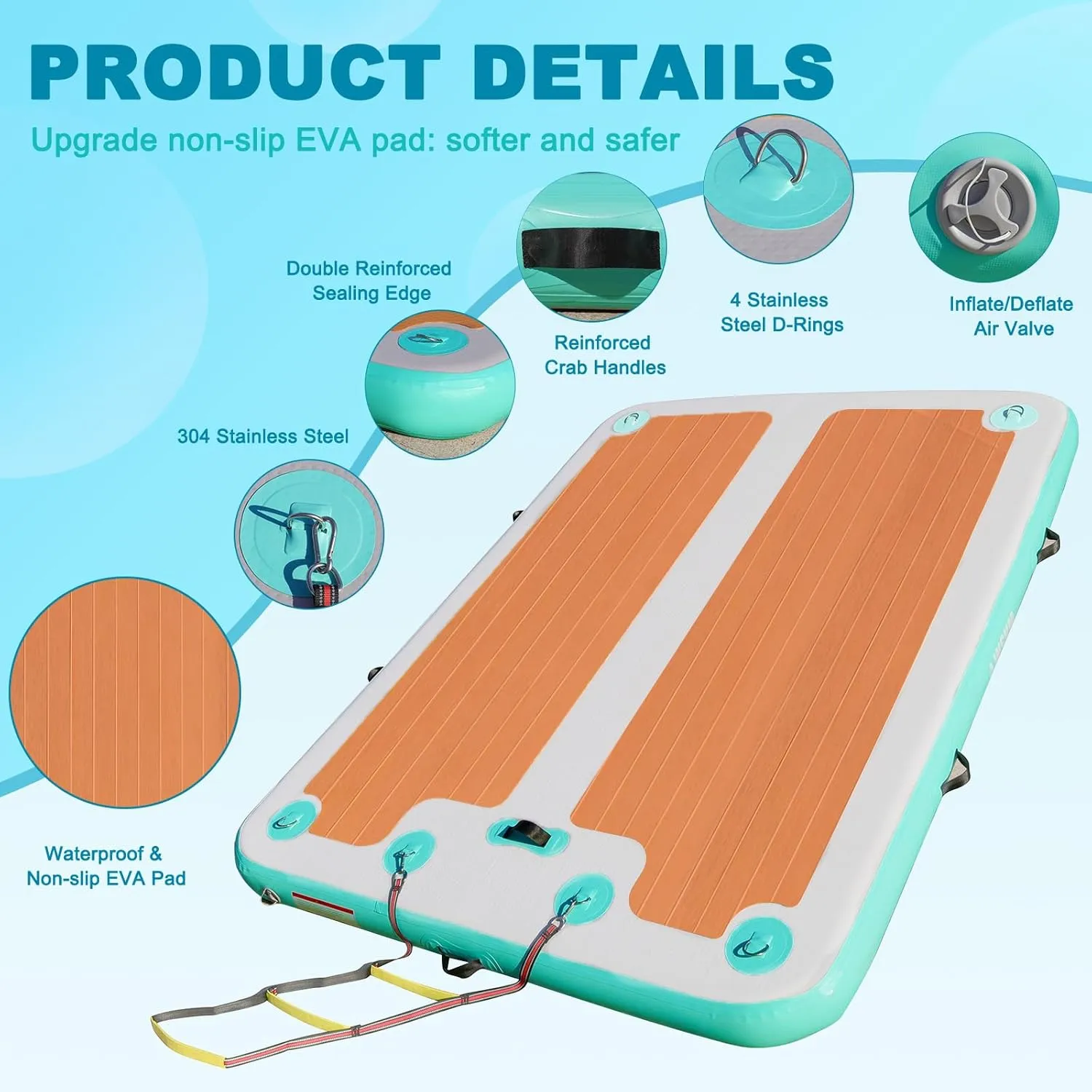 AWSUM Inflatable Floating Dock, 8ft/10ft Non-Slip EVA Wood Surface Inflatable Swim Platform Dock for Lake, Inflatable Water Mat Floating Island Raft for Pool Beach Ocean