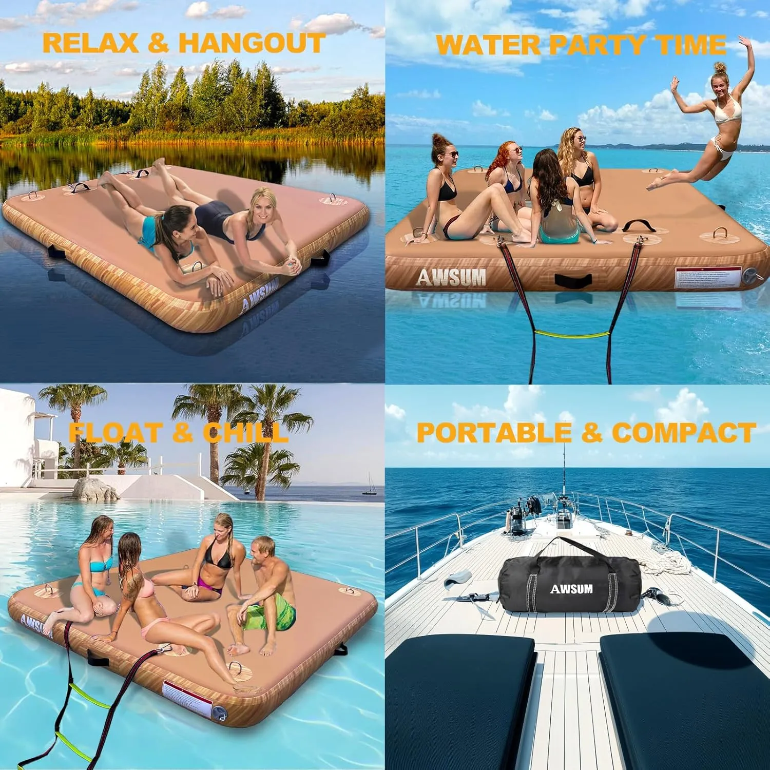 AWSUM Inflatable Floating Dock Air Dock Platform, 5ft x 6ft Inflatable Water Mat Floating Island Raft with None-Slip Wood Surface for Lake Pool Beach Ocean
