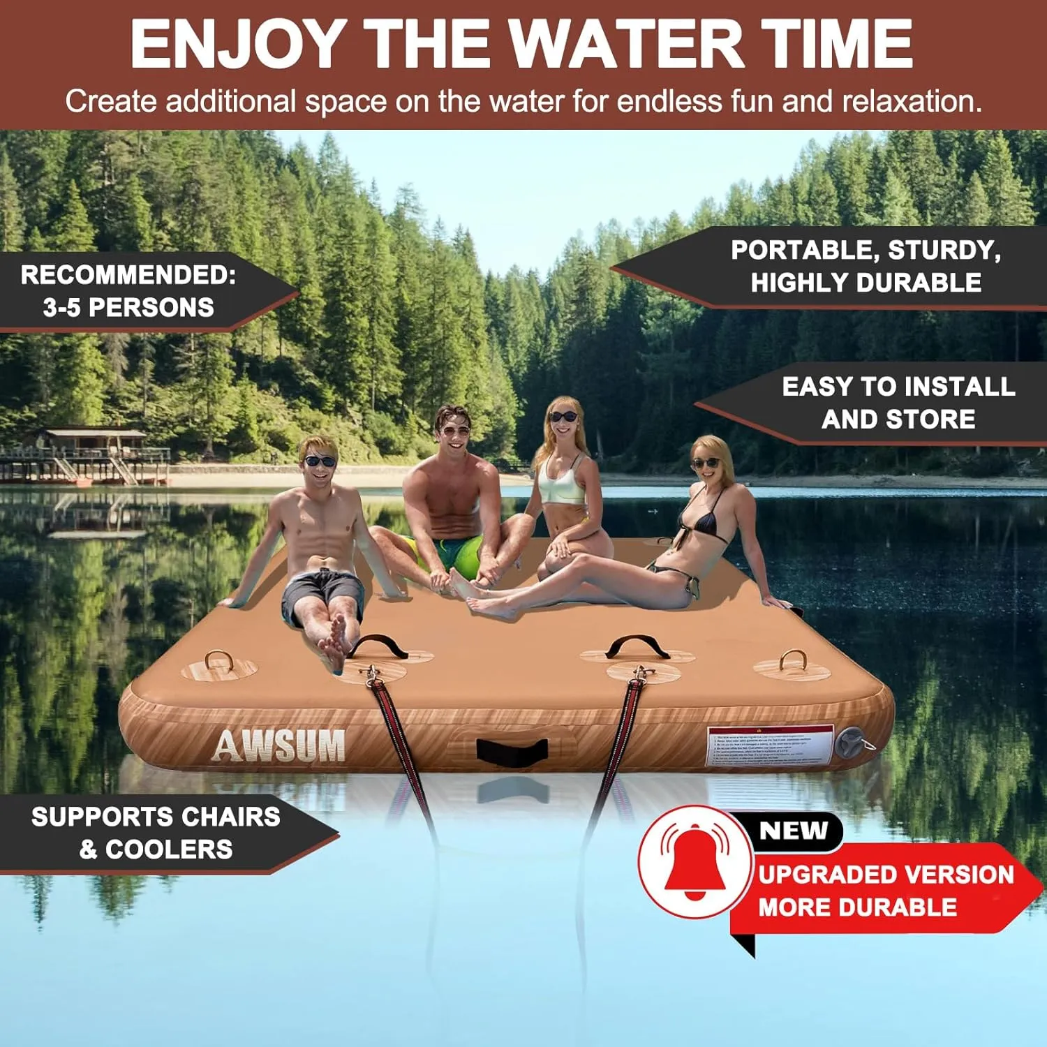 AWSUM Inflatable Floating Dock Air Dock Platform, 5ft x 6ft Inflatable Water Mat Floating Island Raft with None-Slip Wood Surface for Lake Pool Beach Ocean