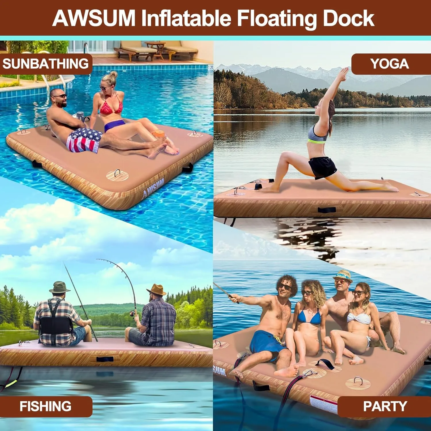 AWSUM Inflatable Floating Dock Air Dock Platform, 5ft x 6ft Inflatable Water Mat Floating Island Raft with None-Slip Wood Surface for Lake Pool Beach Ocean