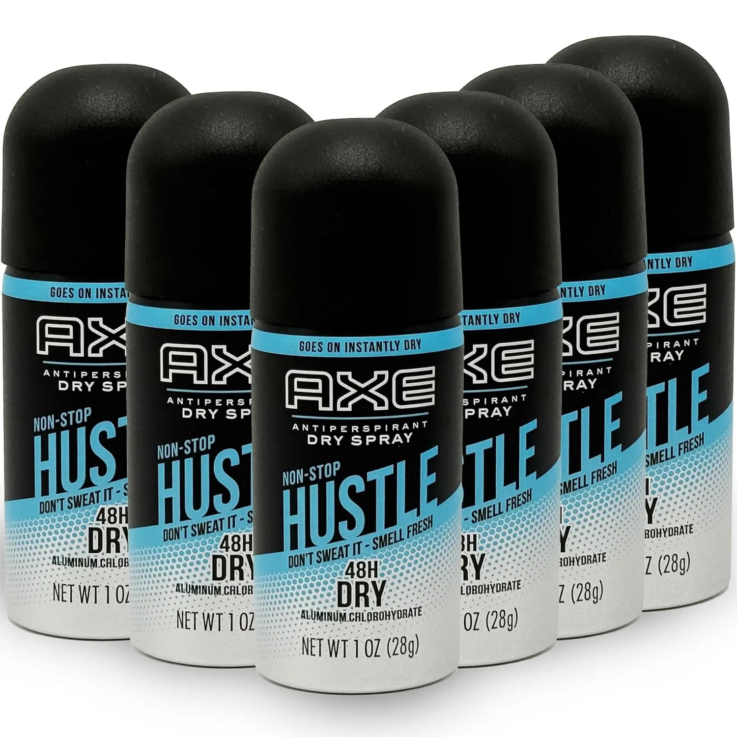 AXE Travel Deodorant Antiperspirant Body Spray, 6 Pack, Non-Stop Hustle Dry Spray Antiperspirant, 48 Hour Long Lasting Dry Antiperspirant, Cool Clean Scent, Men's Deodorant, 1 oz Travel Size Each