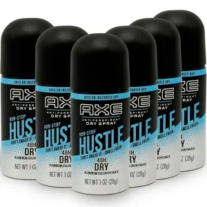 AXE Travel Deodorant Antiperspirant Body Spray, 6 Pack, Non-Stop Hustle Dry Spray Antiperspirant, 48 Hour Long Lasting Dry Antiperspirant, Cool Clean Scent, Men's Deodorant, 1 oz Travel Size Each