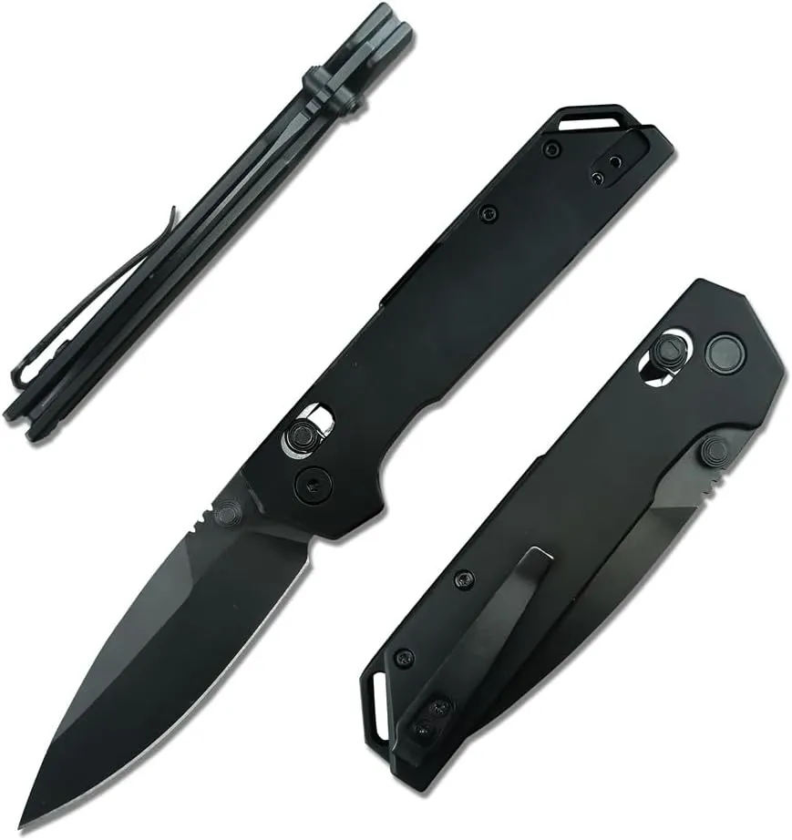 Axis Lock Knife, Thumb Screw Manual Open Pocket Knife, Men's Folding Knives，D2 Black Coated Blade, Aluminum Handle with Deep Carry Pocket Clip