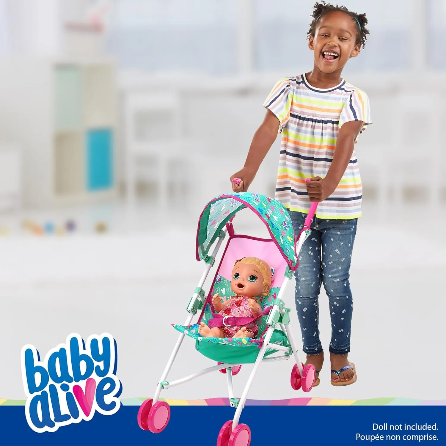 Baby Alive: Doll Umbrella Stroller - Green, Pink, Hearts - Accessory for Dolls Up to 24", Foldable Design, Retractable Canopy, Kids Toy, Ages 3 