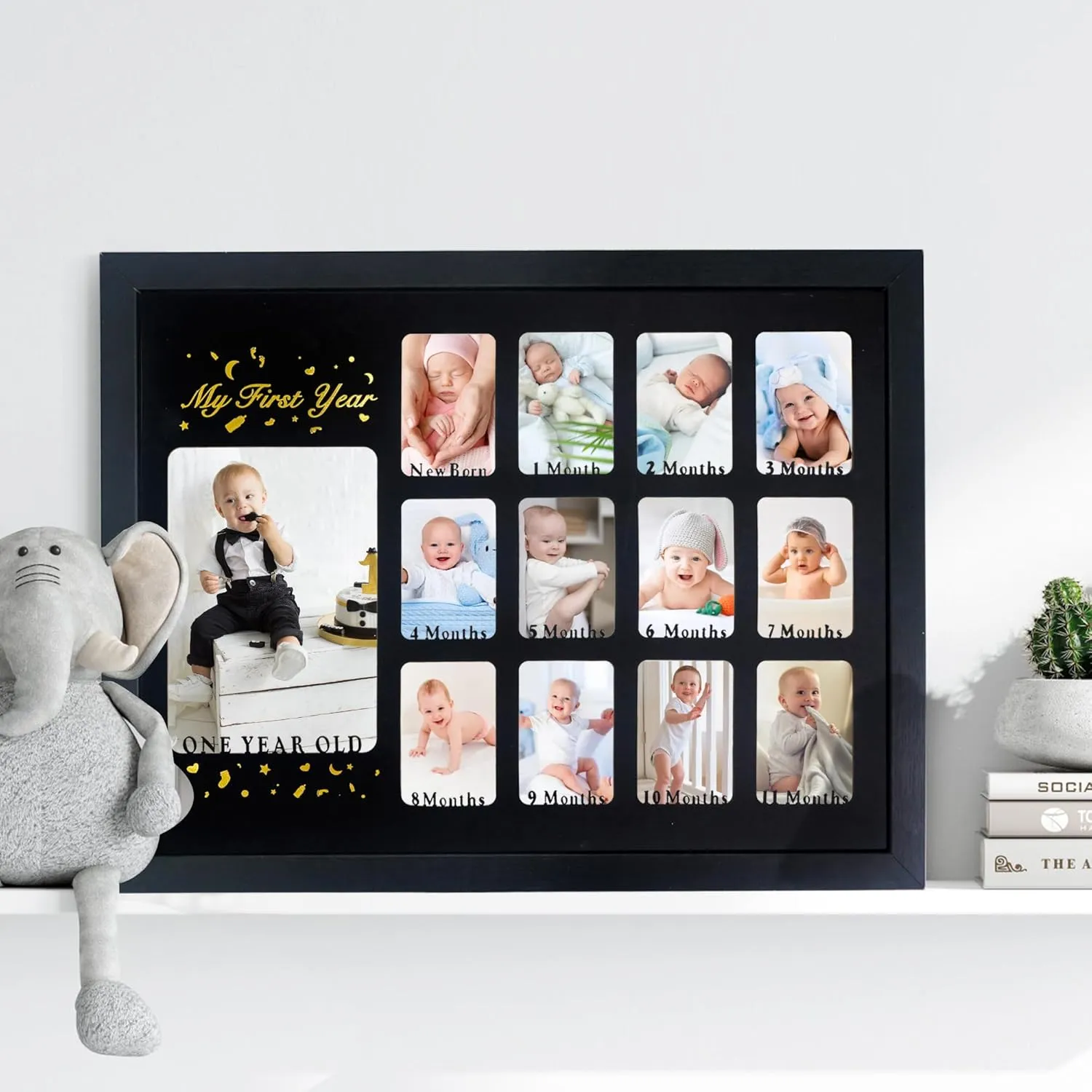Baby First Years Photo Frames 12 Month Picture Frame 12 * 16 for Holds (1) 5x7 & (12) 2x3 Wallet Size Photos Black
