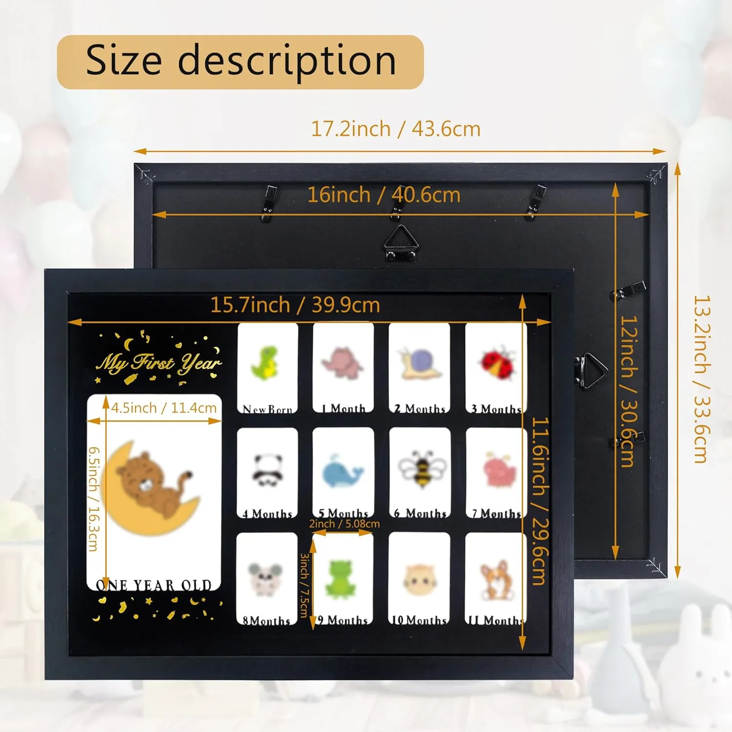Baby First Years Photo Frames 12 Month Picture Frame 12 * 16 for Holds (1) 5x7 & (12) 2x3 Wallet Size Photos Black