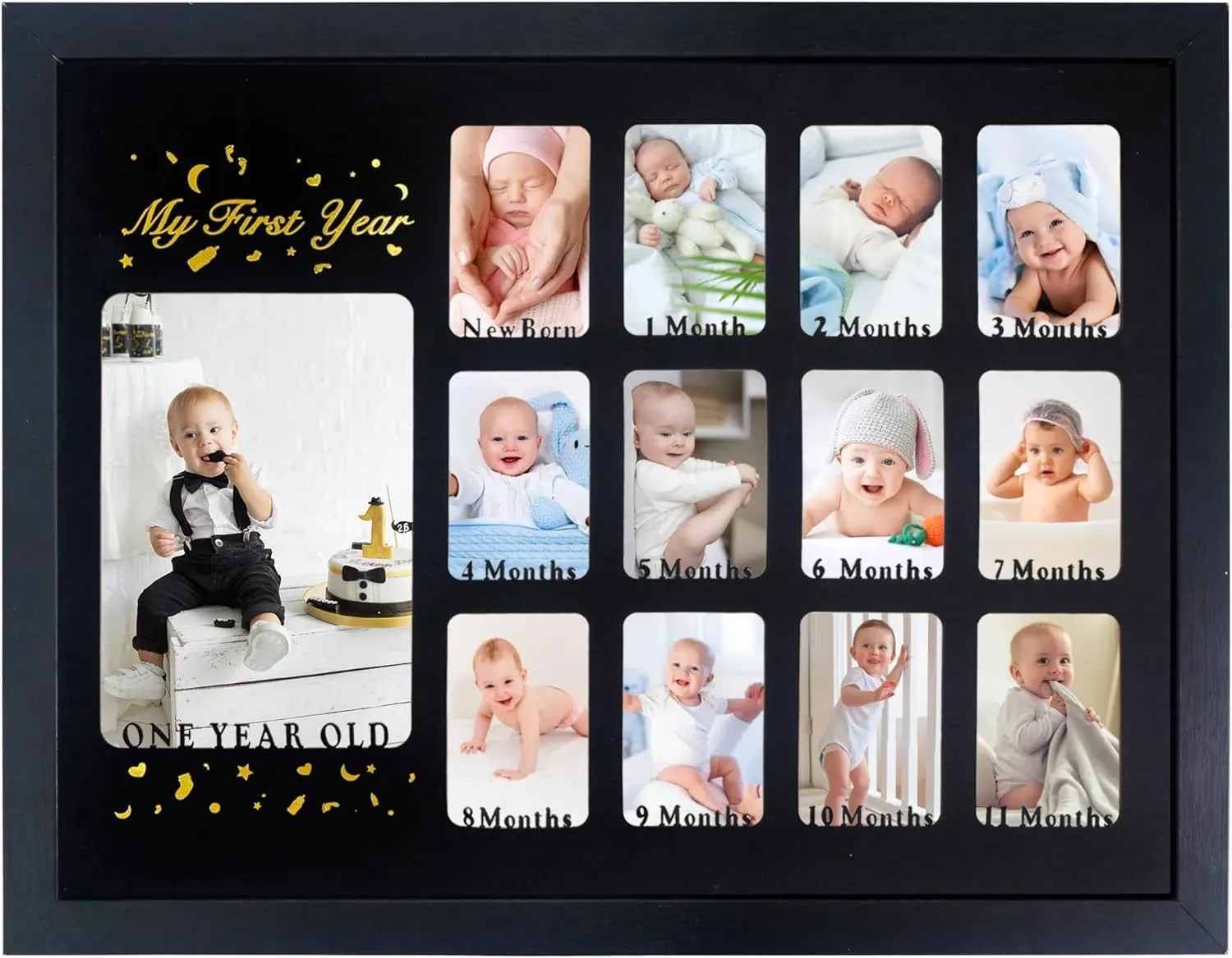 Baby First Years Photo Frames 12 Month Picture Frame 12 * 16 for Holds (1) 5x7 & (12) 2x3 Wallet Size Photos Black