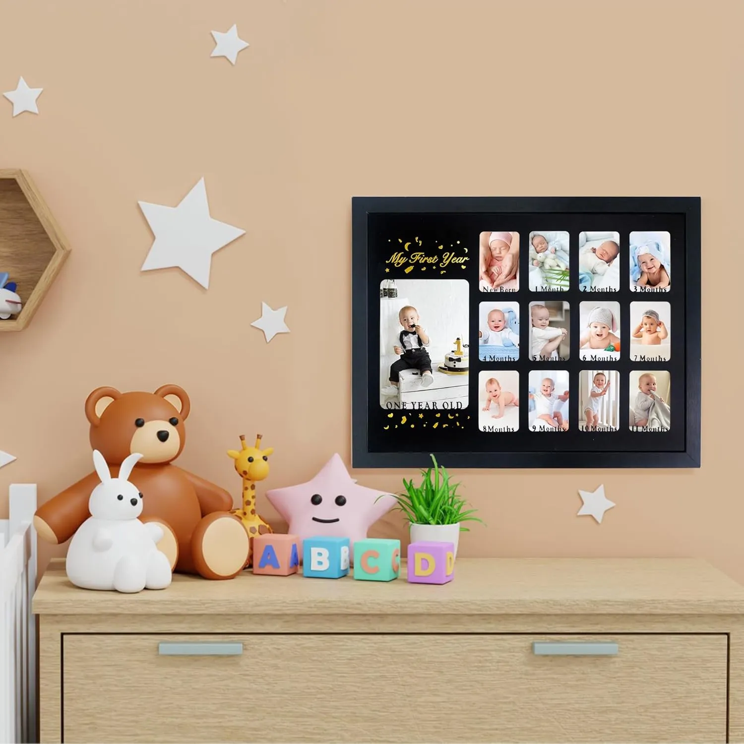Baby First Years Photo Frames 12 Month Picture Frame 12 * 16 for Holds (1) 5x7 & (12) 2x3 Wallet Size Photos Black