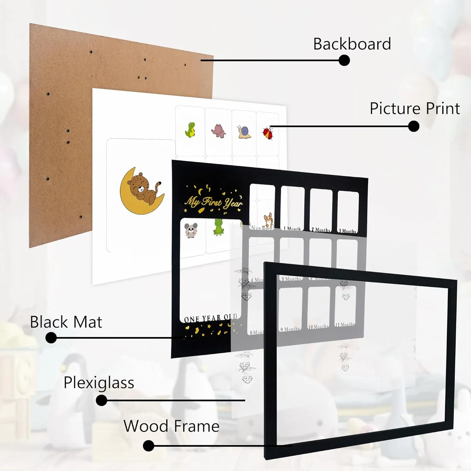 Baby First Years Photo Frames 12 Month Picture Frame 12 * 16 for Holds (1) 5x7 & (12) 2x3 Wallet Size Photos Black