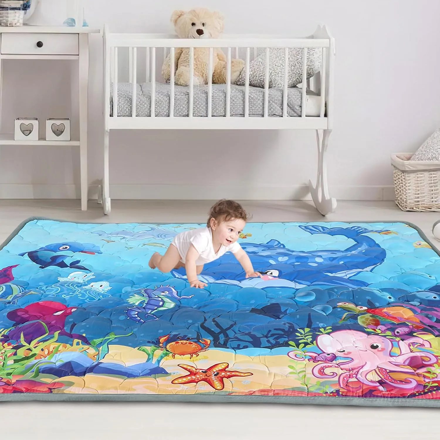 Baby Mat for Floor, Premium 50x50 Playpen Mat, Odorless Play Mat, Thicken Soft Padding Foam Play Mat for Baby, Non-Slip Cushioned Baby Floor Mat, Machine Washable Baby Crawling Mat (Ocean)