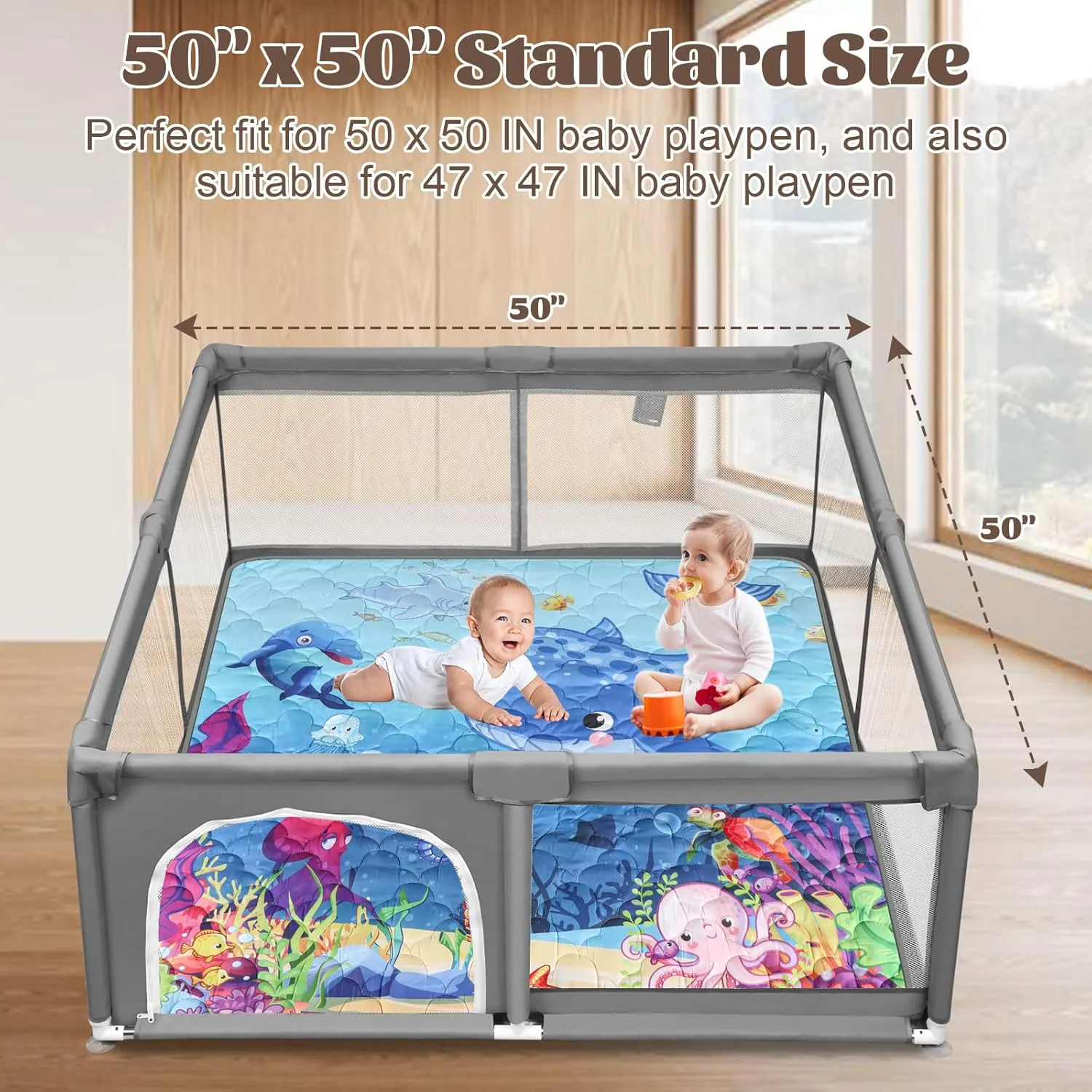 Baby Mat for Floor, Premium 50x50 Playpen Mat, Odorless Play Mat, Thicken Soft Padding Foam Play Mat for Baby, Non-Slip Cushioned Baby Floor Mat, Machine Washable Baby Crawling Mat (Ocean)