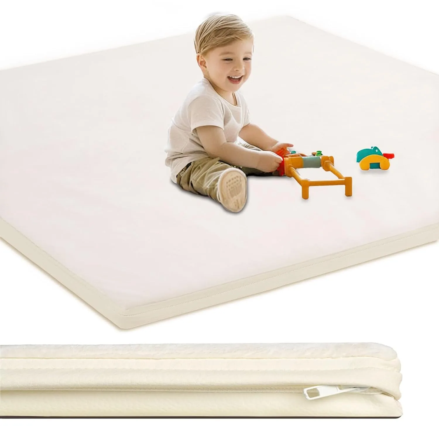 Baby Play Mat for Floor,1.3" Thick Foam Nursery Rug with Removable Washable Cover,Non Slip Soft Velvet Kids Play Crawling Mat for Toddlers,Infants,Yoga Mat,Tatami Mat,50x50 Inch Beige