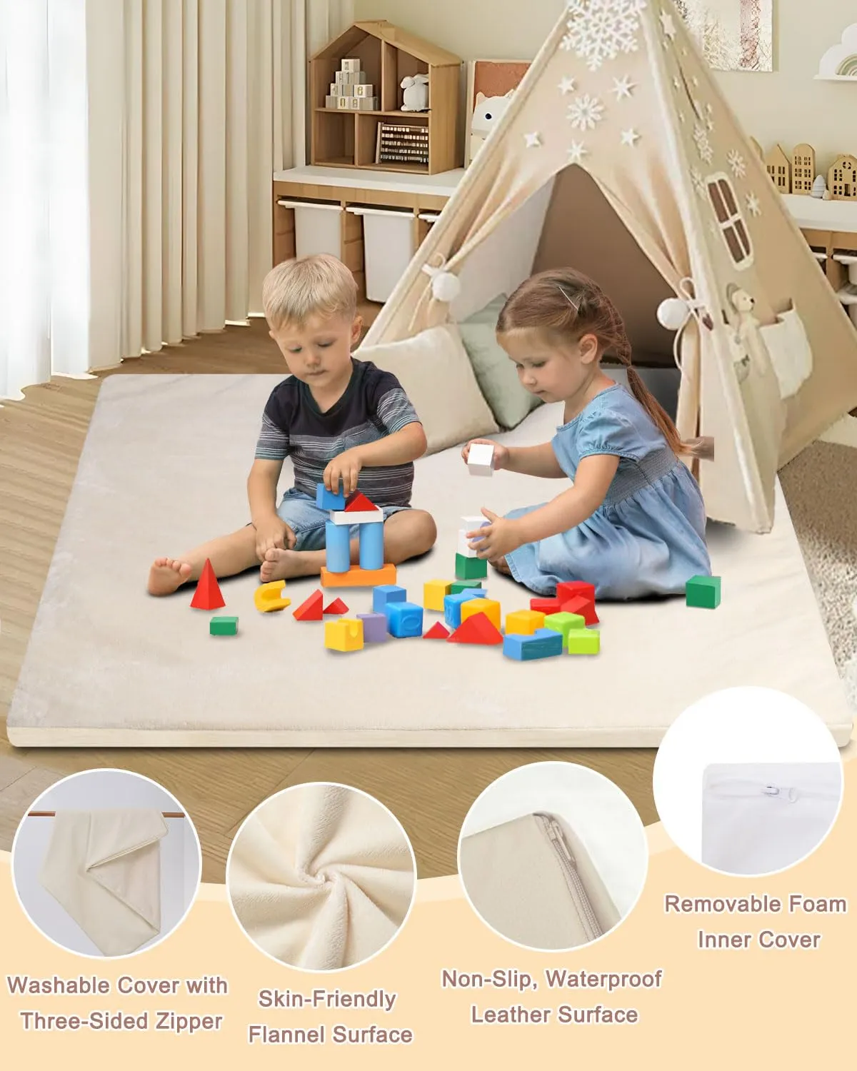 Baby Play Mat for Floor,1.3" Thick Foam Nursery Rug with Removable Washable Cover,Non Slip Soft Velvet Kids Play Crawling Mat for Toddlers,Infants,Yoga Mat,Tatami Mat,50x50 Inch Beige