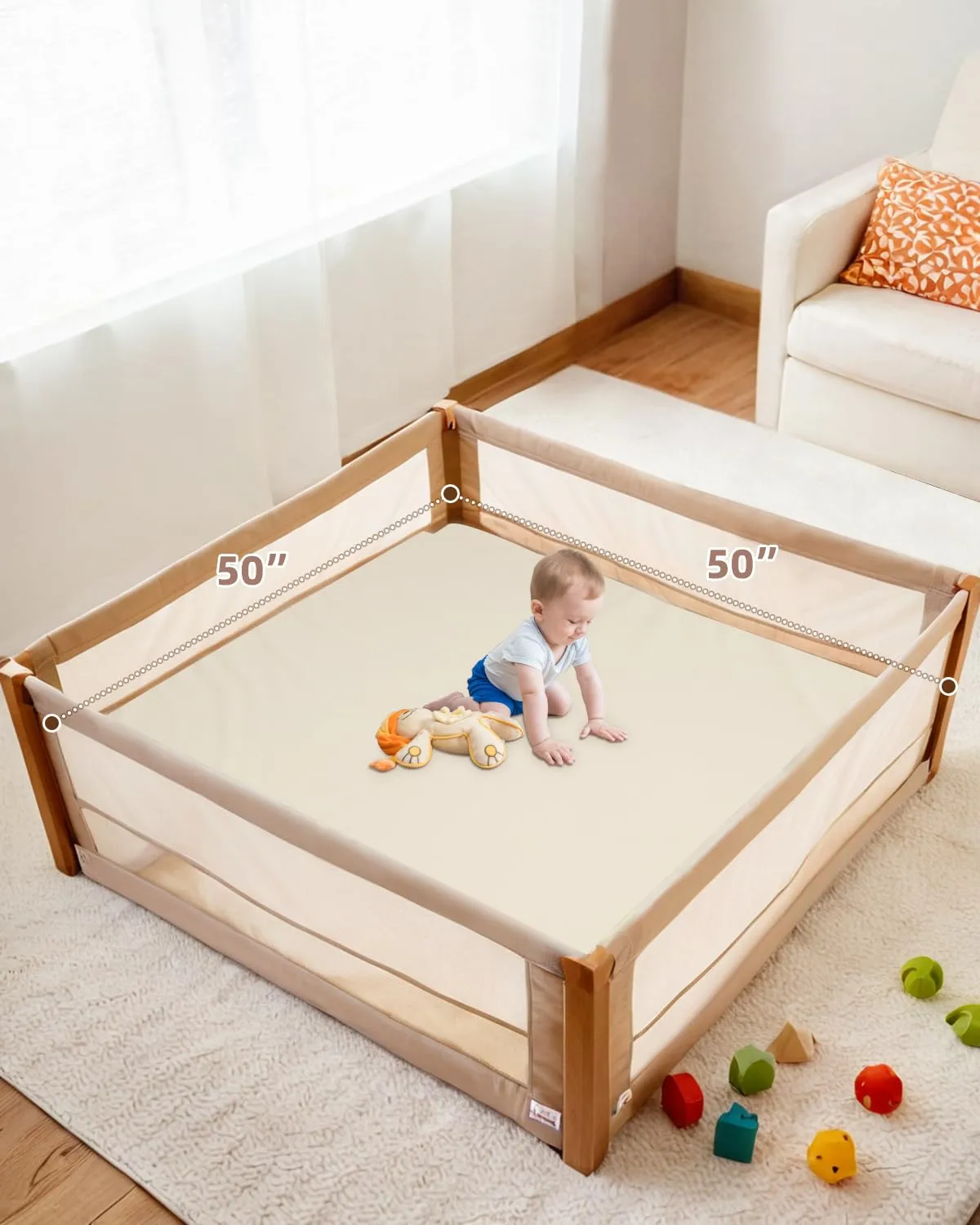 Baby Play Mat for Floor,1.3" Thick Foam Nursery Rug with Removable Washable Cover,Non Slip Soft Velvet Kids Play Crawling Mat for Toddlers,Infants,Yoga Mat,Tatami Mat,50x50 Inch Beige