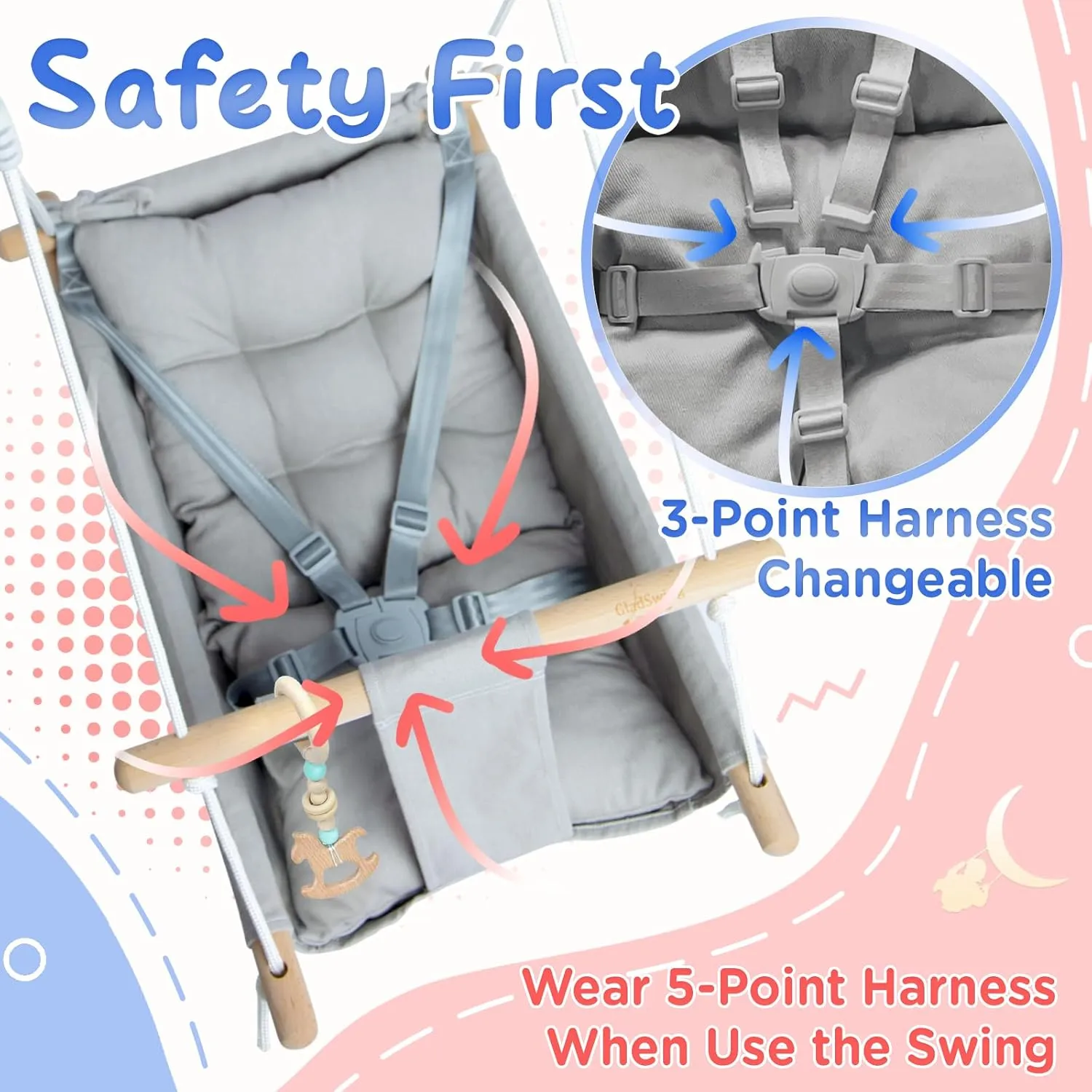 Baby Swing Indoor and Outdoor, Canvas Hammock Swing for Baby to Toddler with a Comfortable Seat, Macaroon Wooden Toy, Adjustable 5-Point Harness,3 Modes,Gift for Baby Boys Girls, Grey