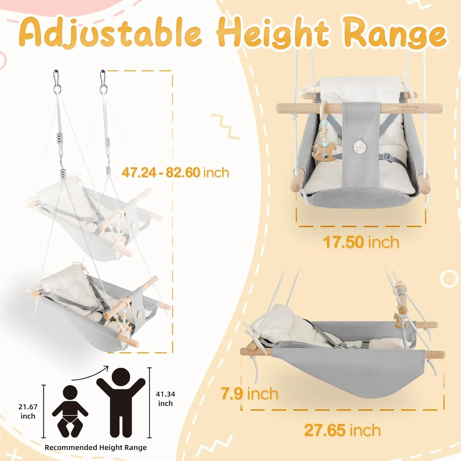 Baby Swing Indoor and Outdoor, Canvas Hammock Swing for Baby to Toddler with a Comfortable Seat, Macaroon Wooden Toy, Adjustable 5-Point Harness,3 Modes,Gift for Baby Boys Girls, Grey&White