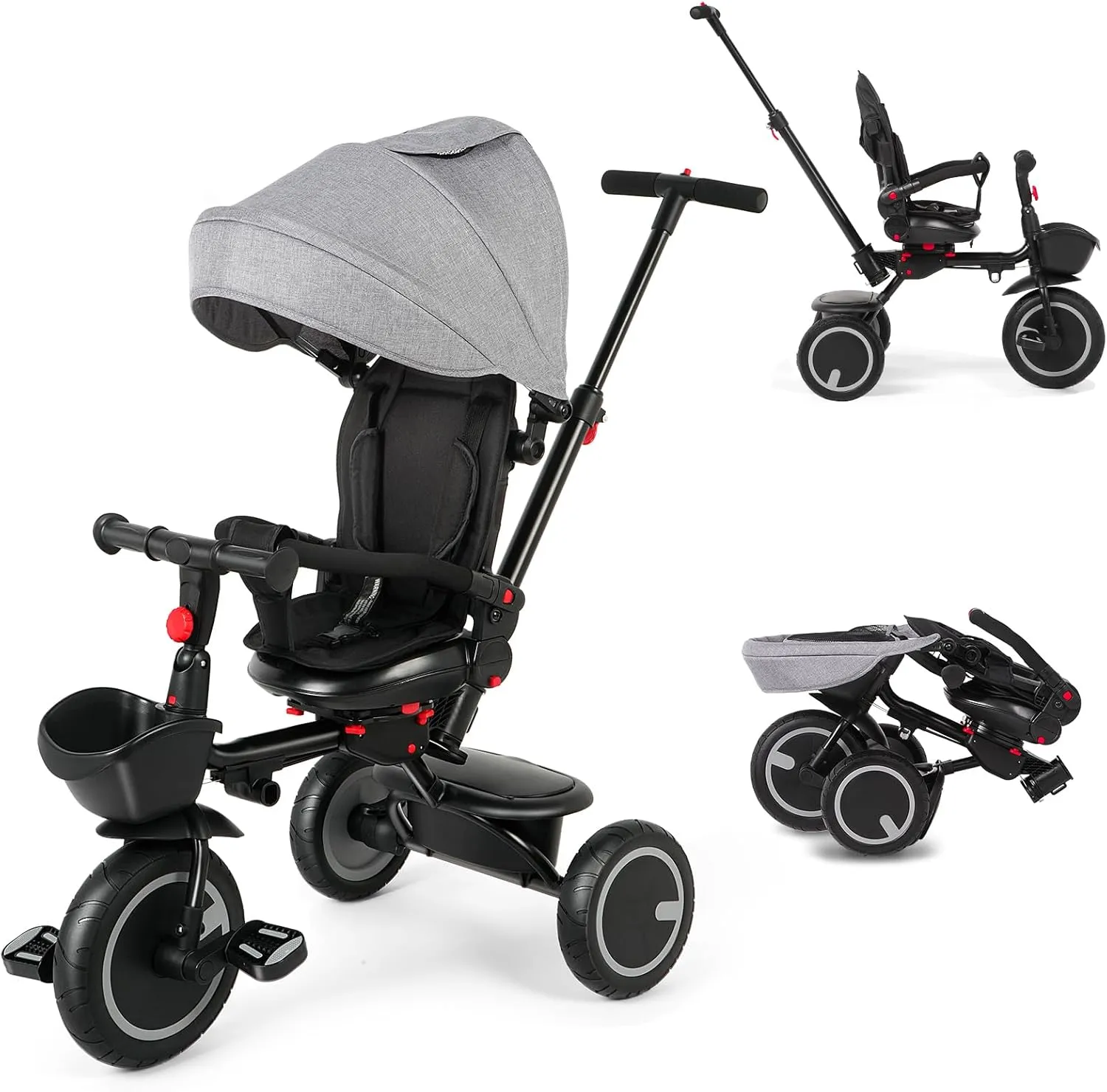 Baby Tricycle, 6-in-1 Folding Kids Trike with Removable Push Handle, Rotatable Seat, Adjustable Canopy, Storage Box, Safety Harness, Balance Bike, Toddler Trike for 7 Months - 5 Year Girls and Boys