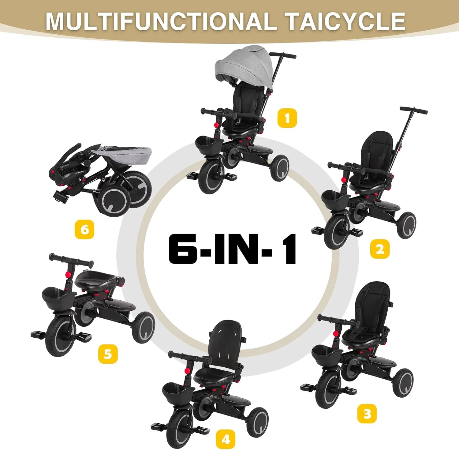 Baby Tricycle, 6-in-1 Folding Kids Trike with Removable Push Handle, Rotatable Seat, Adjustable Canopy, Storage Box, Safety Harness, Balance Bike, Toddler Trike for 7 Months - 5 Year Girls and Boys