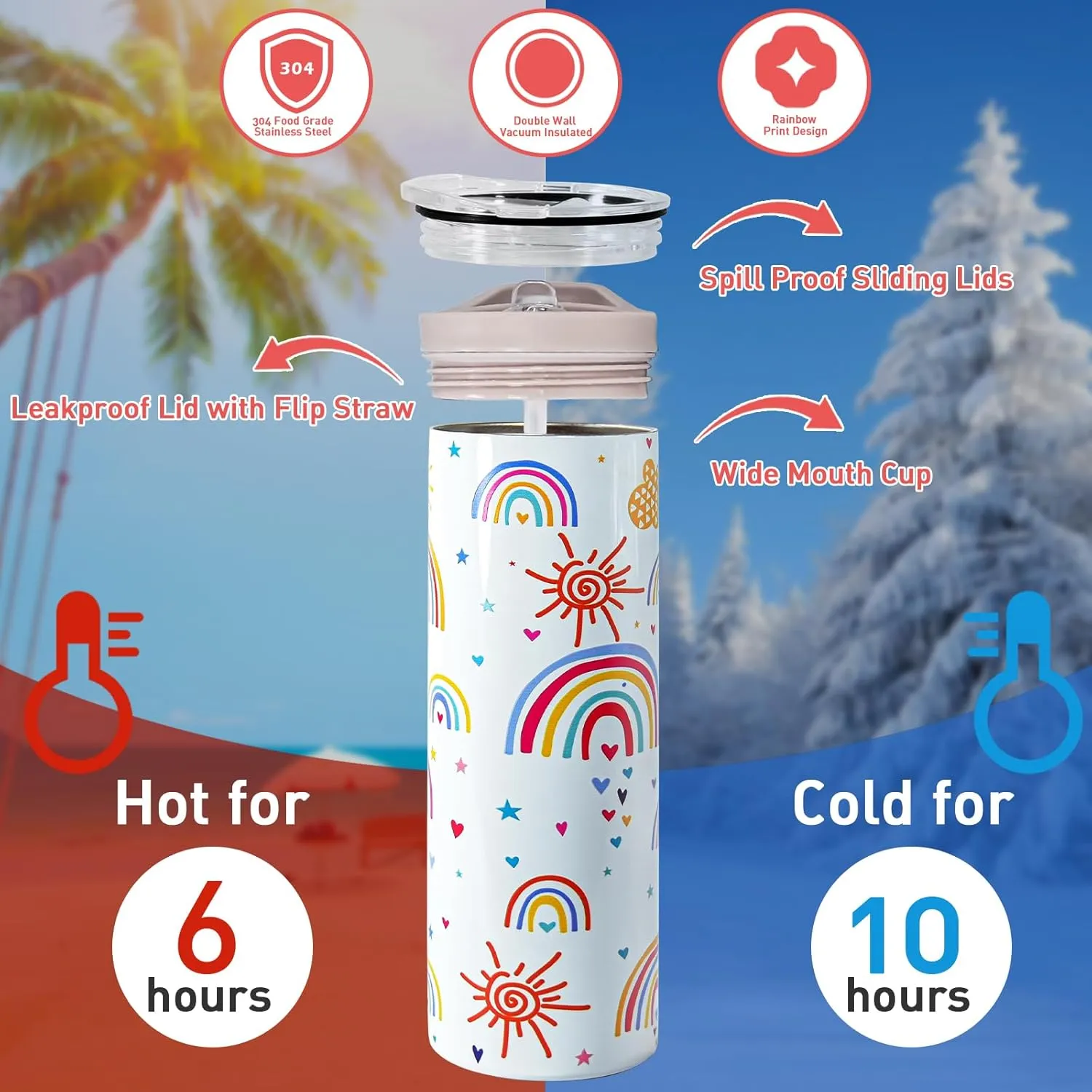 Back to School Gift Tumbler, Kids Tumbler Welcome Back to School Gifts for Students, Leakproof Insulated Stainless Steel Water Bottle Cup with Flip Straw, 2 Lids for Girls Boys Gift, Rainbow-20 oz