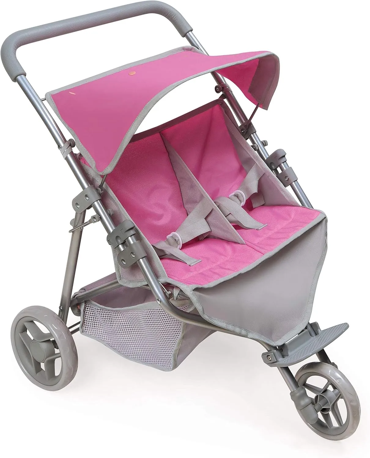 Badger Basket Delightful Trek 3-Wheel Folding Twin Doll Jogging Stroller in Gray and Pink, Perfect for 18-Inch Dolls with Realistic Features
