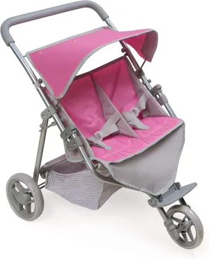 Badger Basket Delightful Trek 3-Wheel Folding Twin Doll Jogging Stroller in Gray and Pink, Perfect for 18-Inch Dolls with Realistic Features