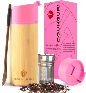 Bamboo Tea Tumbler Mug with Strainer Infuser - 12 oz Pink Vacuum Insulated Stainless Steel Thermos with Filter for Loose Leaf/Coffee Travel Bottle/Hot and Cold Water/Leak Proof/Gift Ready