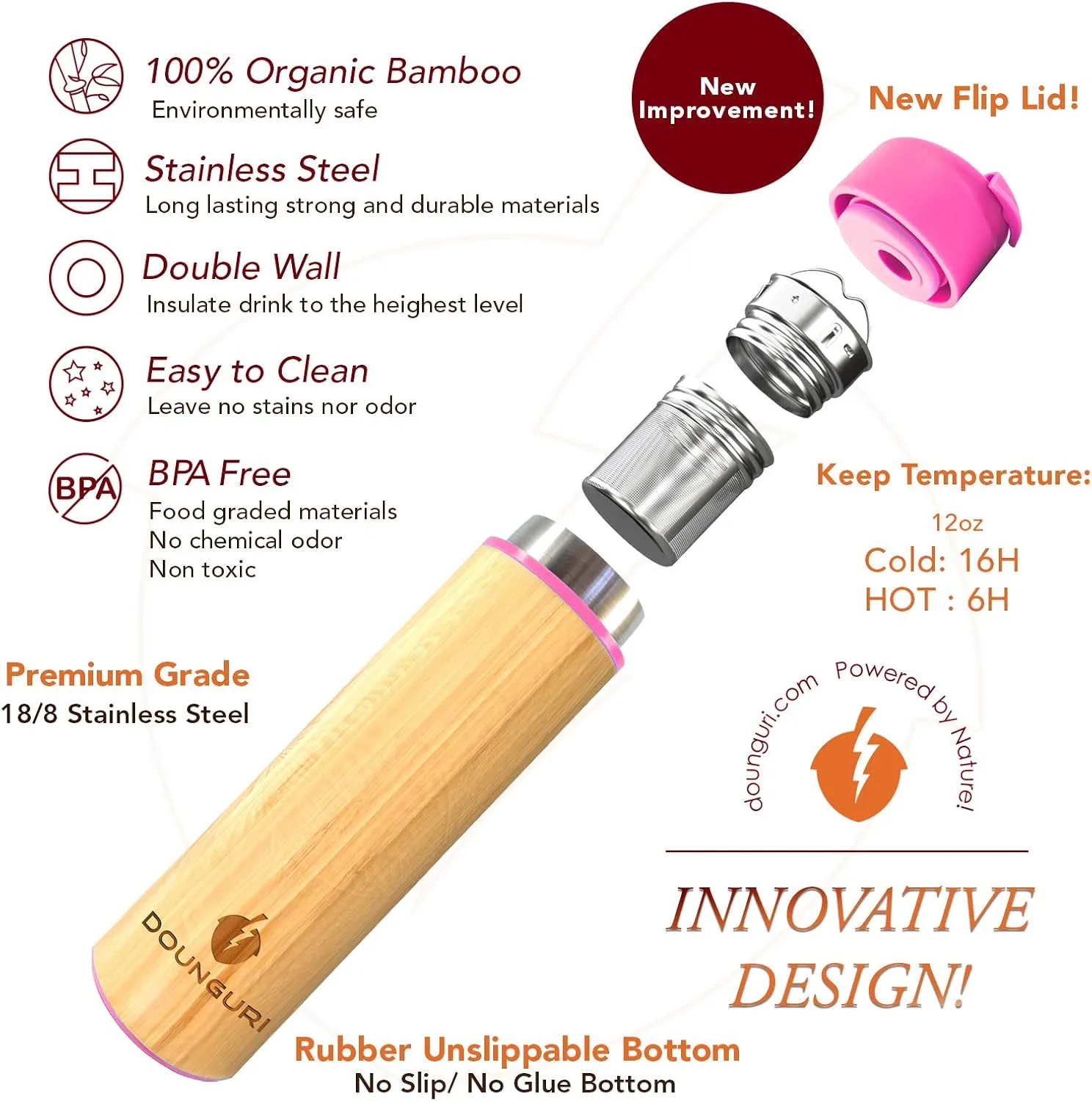 Bamboo Tea Tumbler Mug with Strainer Infuser - 12 oz Pink Vacuum Insulated Stainless Steel Thermos with Filter for Loose Leaf/Coffee Travel Bottle/Hot and Cold Water/Leak Proof/Gift Ready