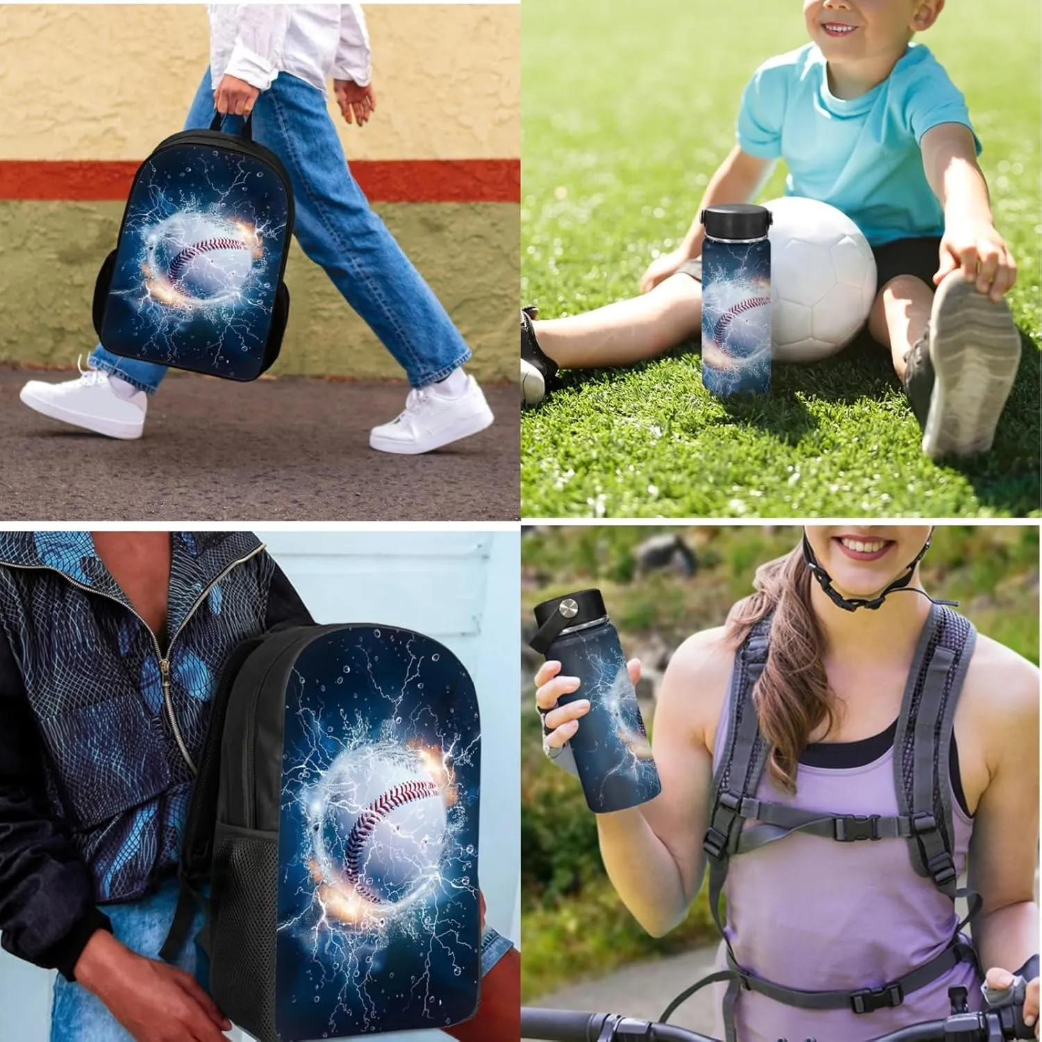 Baseball Boys Backpack 3 Pcs Set for 1St 2Nd Kids 17 Inch School Bag,Black Bookbag for Elementary Children Cool Daypack with Lunch Box for Girls School Supplies