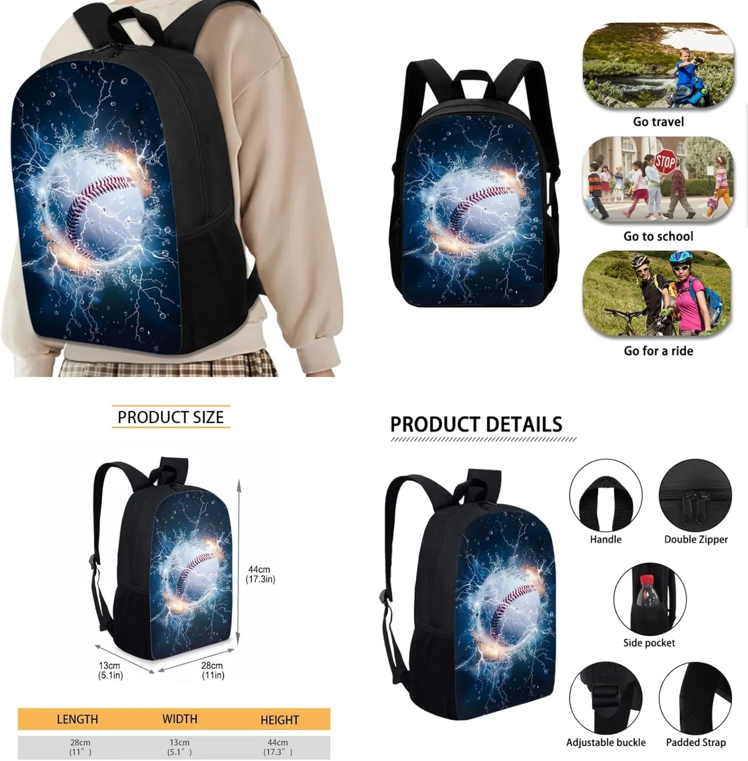 Baseball Boys Backpack 3 Pcs Set for 1St 2Nd Kids 17 Inch School Bag,Black Bookbag for Elementary Children Cool Daypack with Lunch Box for Girls School Supplies