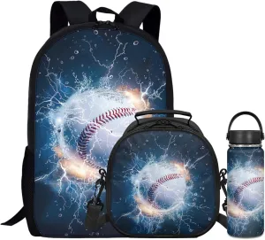 Baseball Boys Backpack 3 Pcs Set for 1St 2Nd Kids 17 Inch School Bag,Black Bookbag for Elementary Children Cool Daypack with Lunch Box for Girls School Supplies