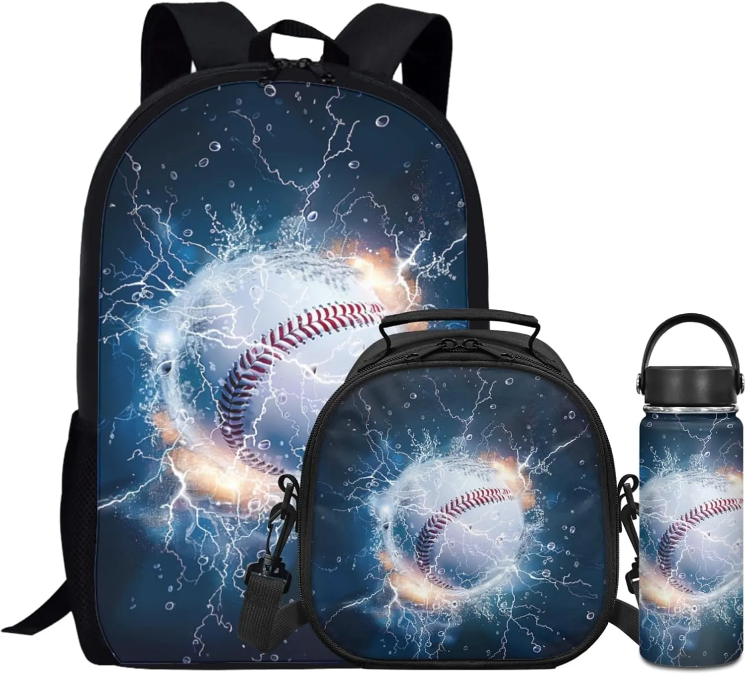 Baseball Boys Backpack 3 Pcs Set for 1St 2Nd Kids 17 Inch School Bag,Black Bookbag for Elementary Children Cool Daypack with Lunch Box for Girls School Supplies