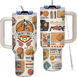 Basketball Lover 40oz Tumbler with Handle, Insulated Sport Bottles with Lid, Water Bottle Gift for Boyfriend, Birthday Gifts for Men, Dad, Husband