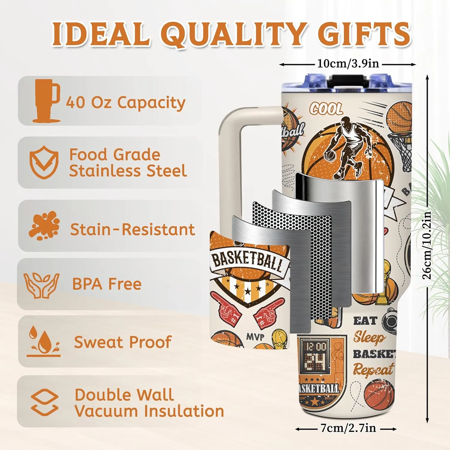 Basketball Lover 40oz Tumbler with Handle, Insulated Sport Bottles with Lid, Water Bottle Gift for Boyfriend, Birthday Gifts for Men, Dad, Husband