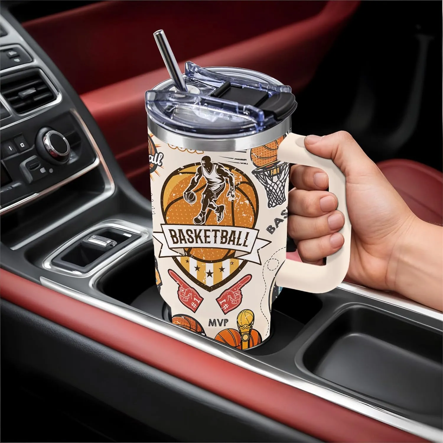 Basketball Lover 40oz Tumbler with Handle, Insulated Sport Bottles with Lid, Water Bottle Gift for Boyfriend, Birthday Gifts for Men, Dad, Husband