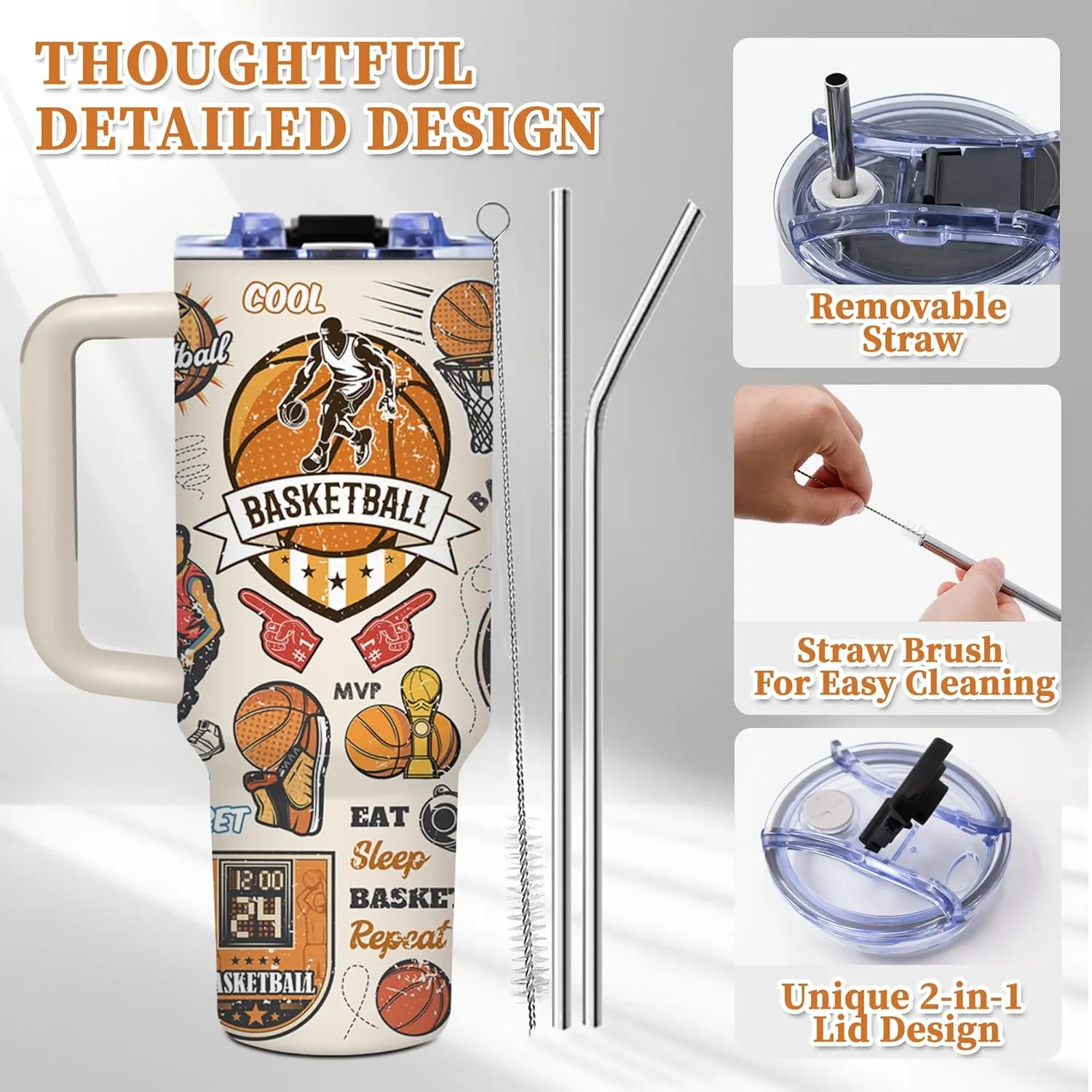 Basketball Lover 40oz Tumbler with Handle, Insulated Sport Bottles with Lid, Water Bottle Gift for Boyfriend, Birthday Gifts for Men, Dad, Husband