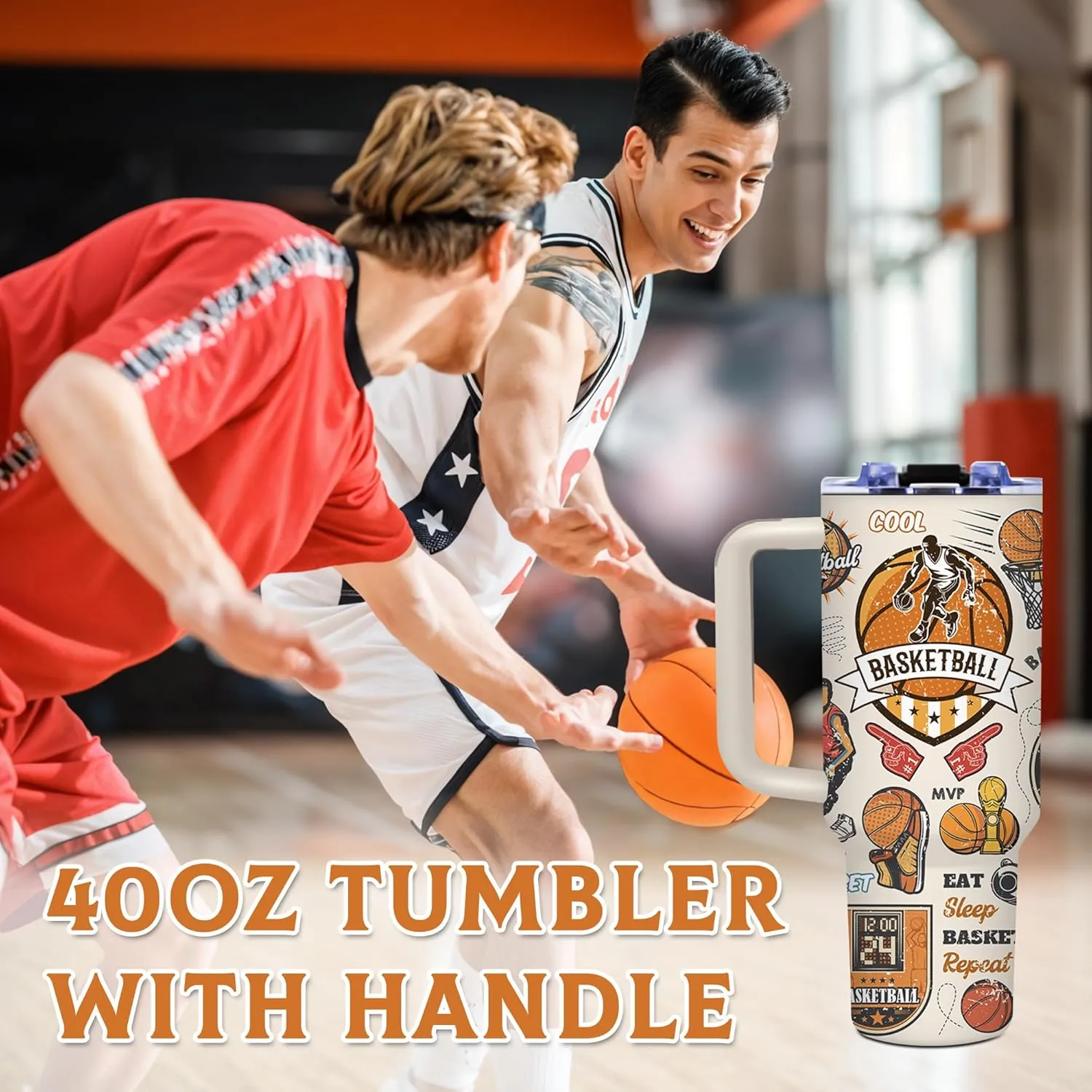 Basketball Lover 40oz Tumbler with Handle, Insulated Sport Bottles with Lid, Water Bottle Gift for Boyfriend, Birthday Gifts for Men, Dad, Husband
