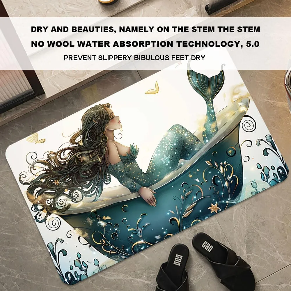 Bath Mat-Bathroom Rug，Bathtub Mermaid-Absorbent Non Slip Quick Dry Stain Resistant Easy to Clean Care Shower Rug for Bathtub Shower Room 16×24Inch (40 * 60cm)