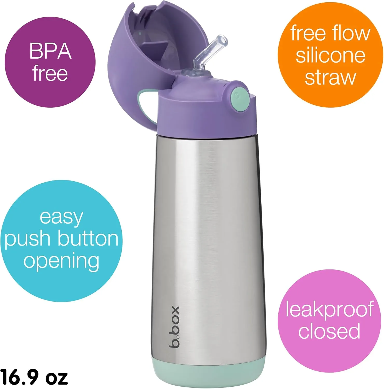 b.box 16.9 oz Insulated Water Bottle - Keeps Drinks Cold 15 Hours, Warm 8 Hours, Triple Wall Stainless Steel Kids Water Bottle w/Free Flow Silicone Straw, Leakproof & Dishwasher Safe