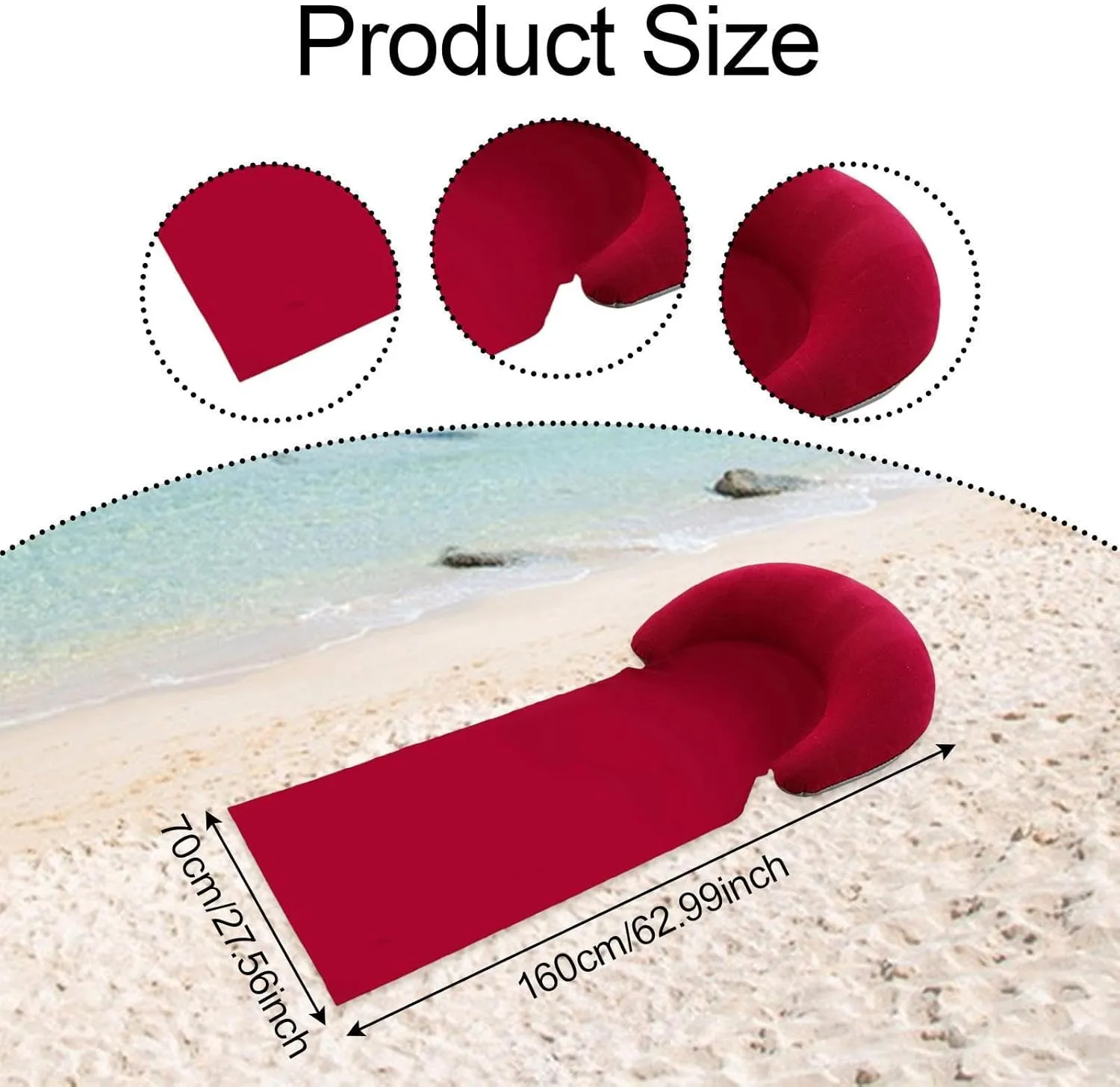 Beach Mat Inflatable Pillow Compact Versatile Lightweight Beach Pad Outdoor Lounger for Backyard Picnic Pool Garden Family, Red