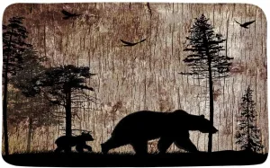 Bear Bath Mat Wild Animals Rustic Cabin Forest Vintage Wooden Board Country Hunting Camping Microfiber Memory Foam Bathroom Rug Doormat Kitchen Toilet Floor Rug